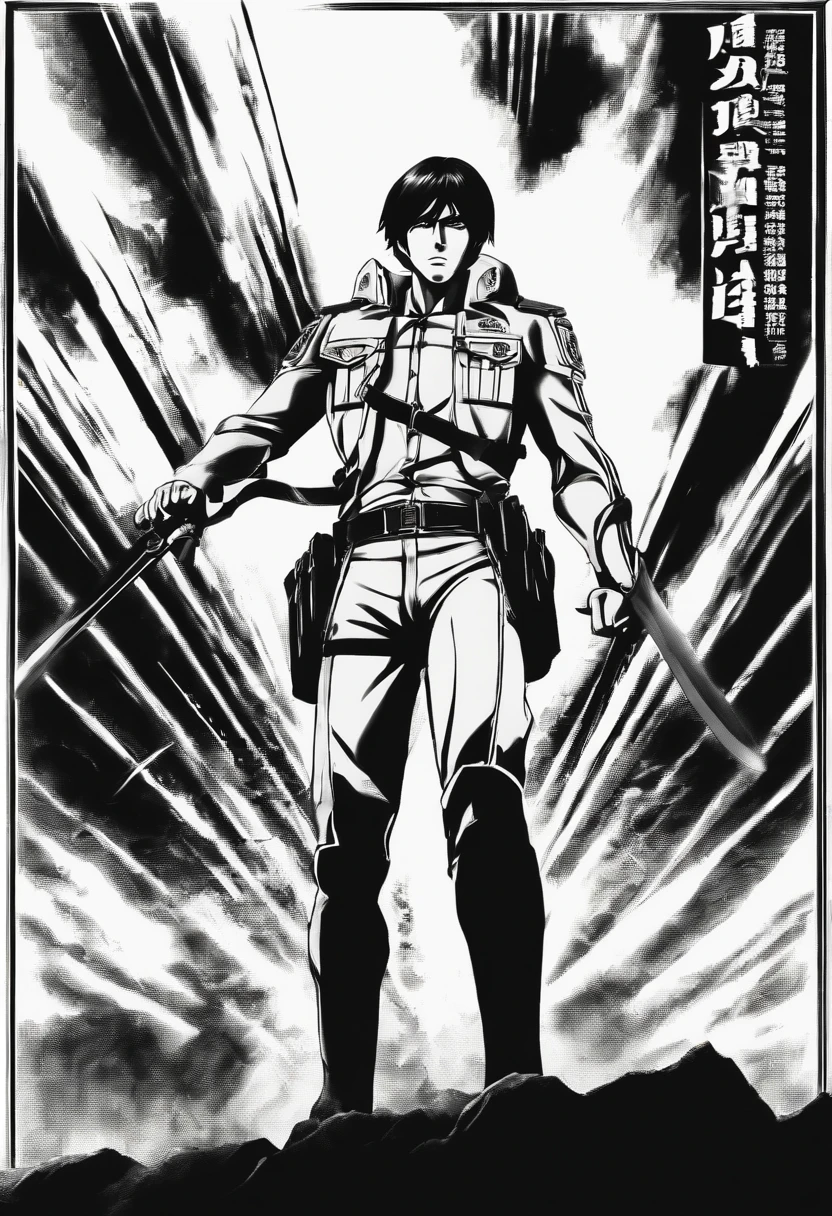 Generate a moody and emotionally black and white movie poster in the style of Hajime Isayama's Attack on Titan. The poster should prominently feature Eren Jaeger, wearing a Paradis Island uniform and ODM gear, looking up in fear at a colossal titan.