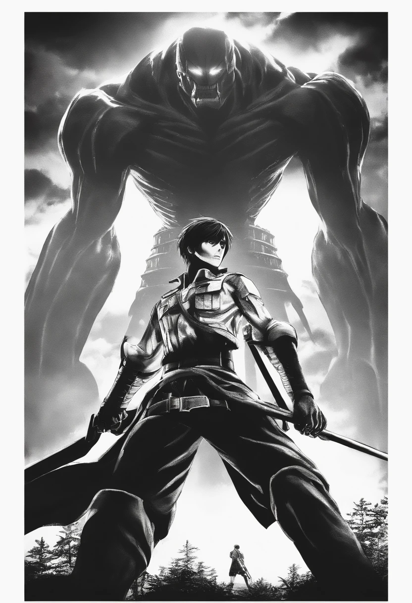Generate a moody and emotionally black and white movie poster in the style of Hajime Isayama's Attack on Titan. The poster should prominently feature Eren Jaeger, wearing a Paradis Island uniform and ODM gear, looking up in fear at a colossal titan.