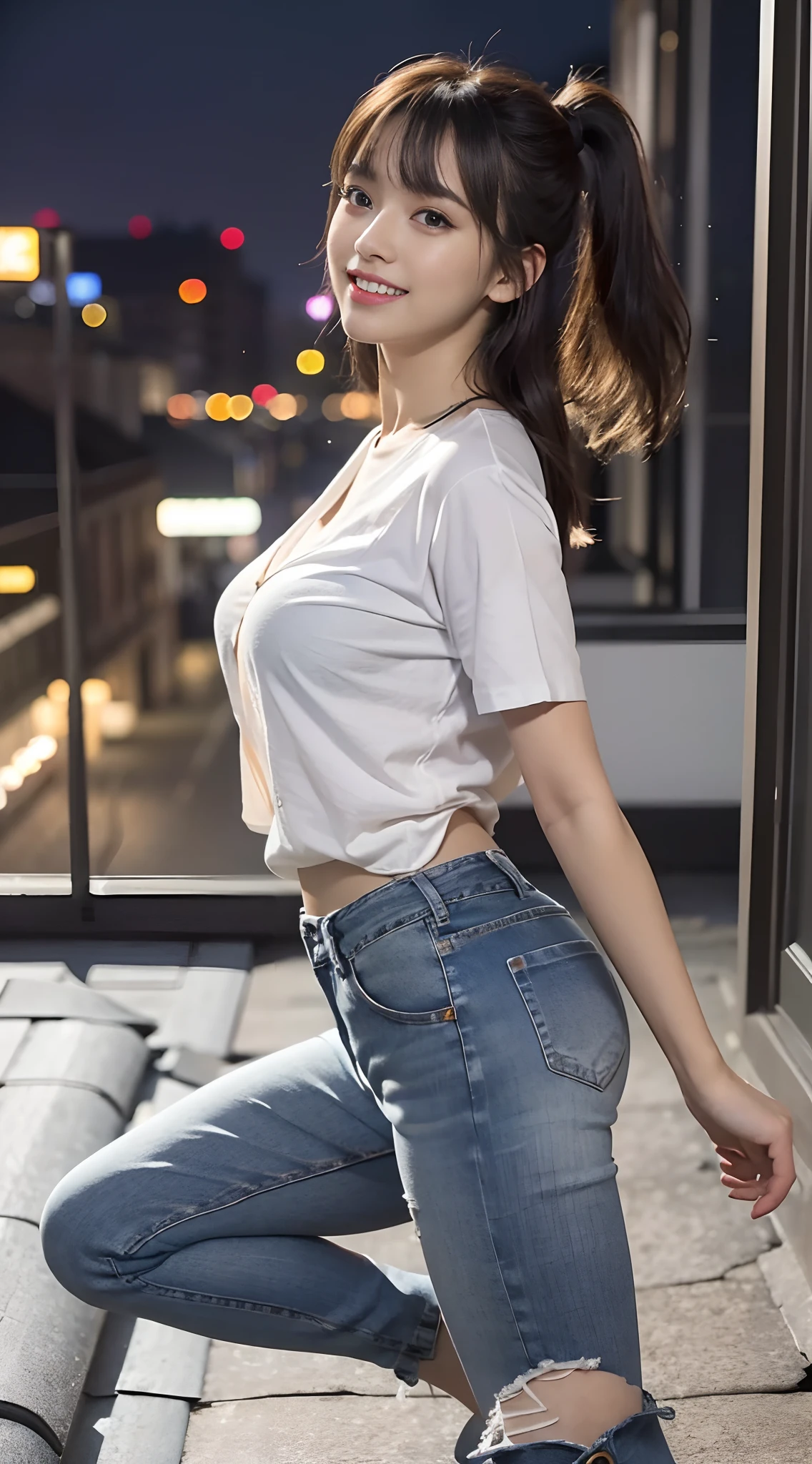 ((midynight, Need, 8K, tmasterpiece:1.3)), full bodyesbian, Thin legs, Focalors:1.2, (Skinny and small,Height one meter five)big breasts beautiful(junior school student)girlfriend:1.4, Slim abs:1.1, ((hair straight,Dark brown hair, Medium-sized breasts:1.2 )), (Stylish white loose shirt,The hem flutters, Stylish little flared jeans, standing on your feet:1.2), ((city night scene, the roof:1.3)), Highly detailed facial and skin texture, A detailed eye, Single Eyelids,Smile showing teeth,Super nice looking,Fair and well-proportioned legs,Extended flared jeans,Wear sandals,Reveals tender white toes,Shoot from all angles,Show off your slender waist and beautiful hips,Pose sexy seduction,fully body photo