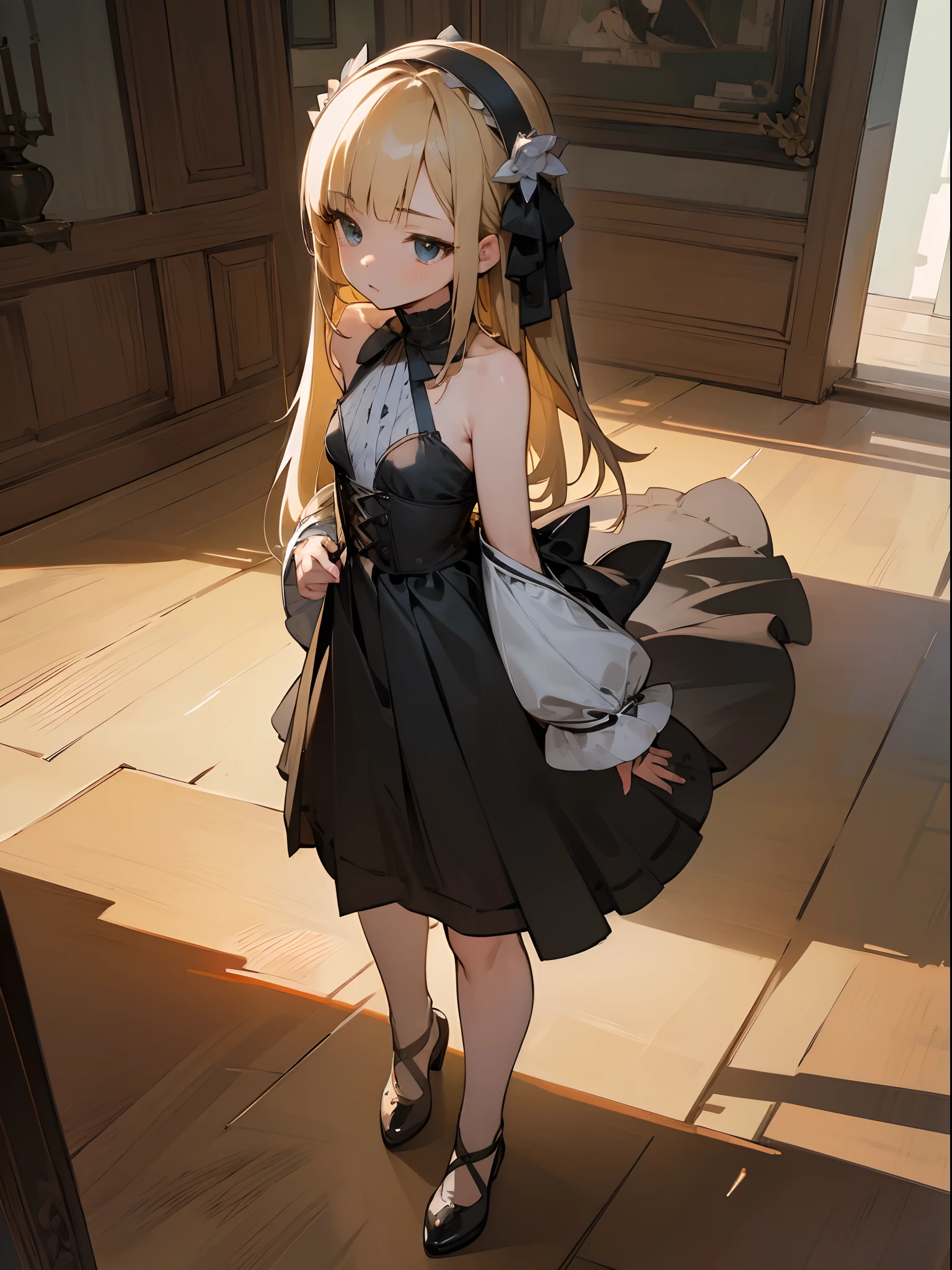 Reines, 1girl, high quality, best quality, illustration, masterpiece, (highly detailed:1.2), (extremely detailed:1.3), small breasts, child, bare shoulders, young girl, string ribbon, short skirt, full body, braid, petite, curvy loli, in a house