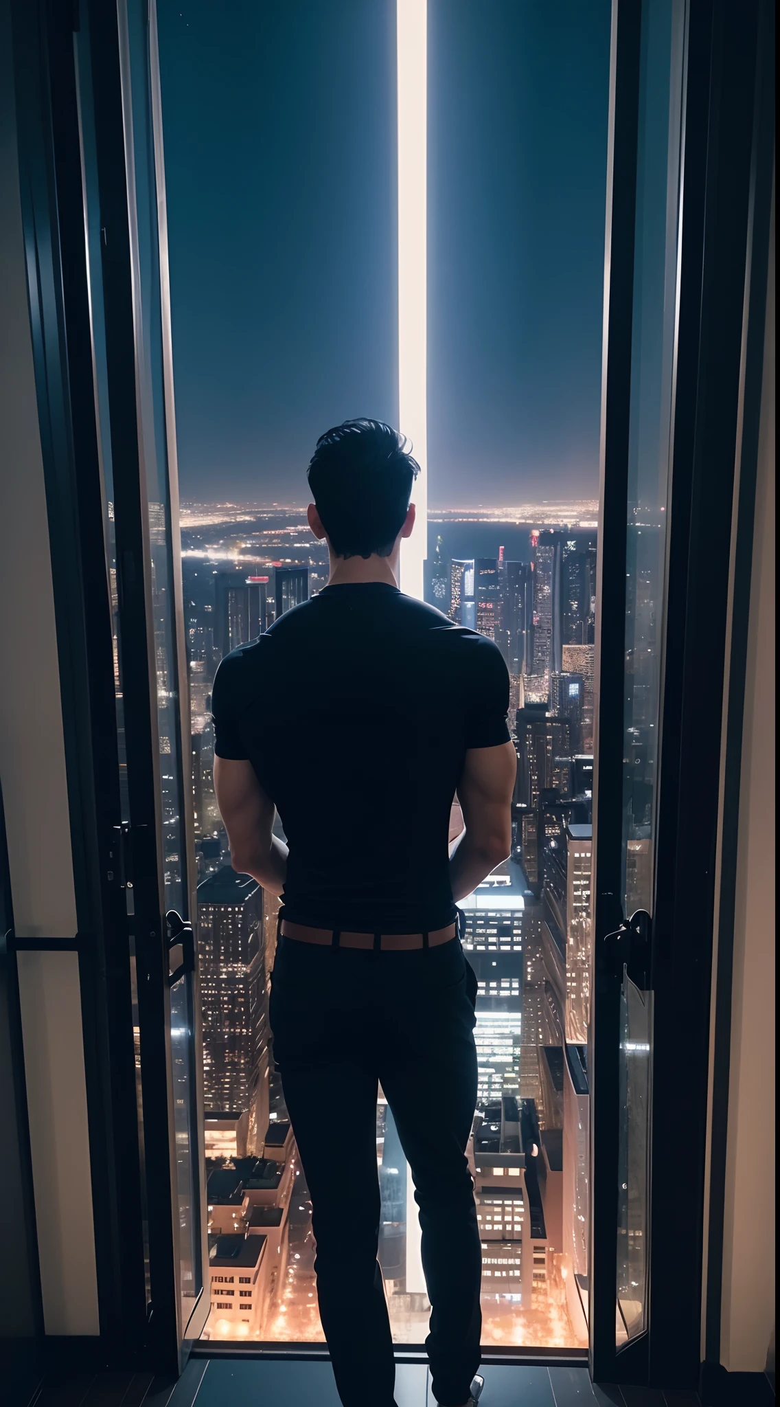 A tall guy standing inside the building, night city view, beautiful view, tall muscular guy, short hair, black hair, back view,