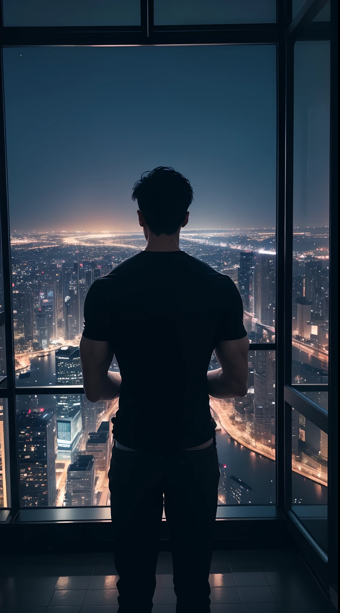 A tall guy standing inside the building, night city view, beautiful view, tall muscular guy, short hair, black hair, back view,