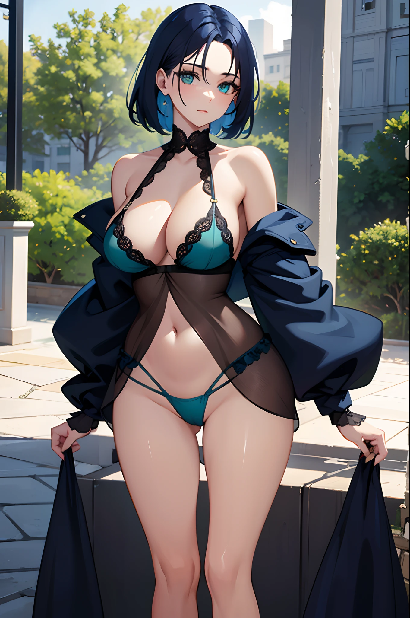 a very beautiful, sexy woman, large busts, with dark blue hair, green eyes, transparent lingerie, transparent bikini, large thighs, string panties,