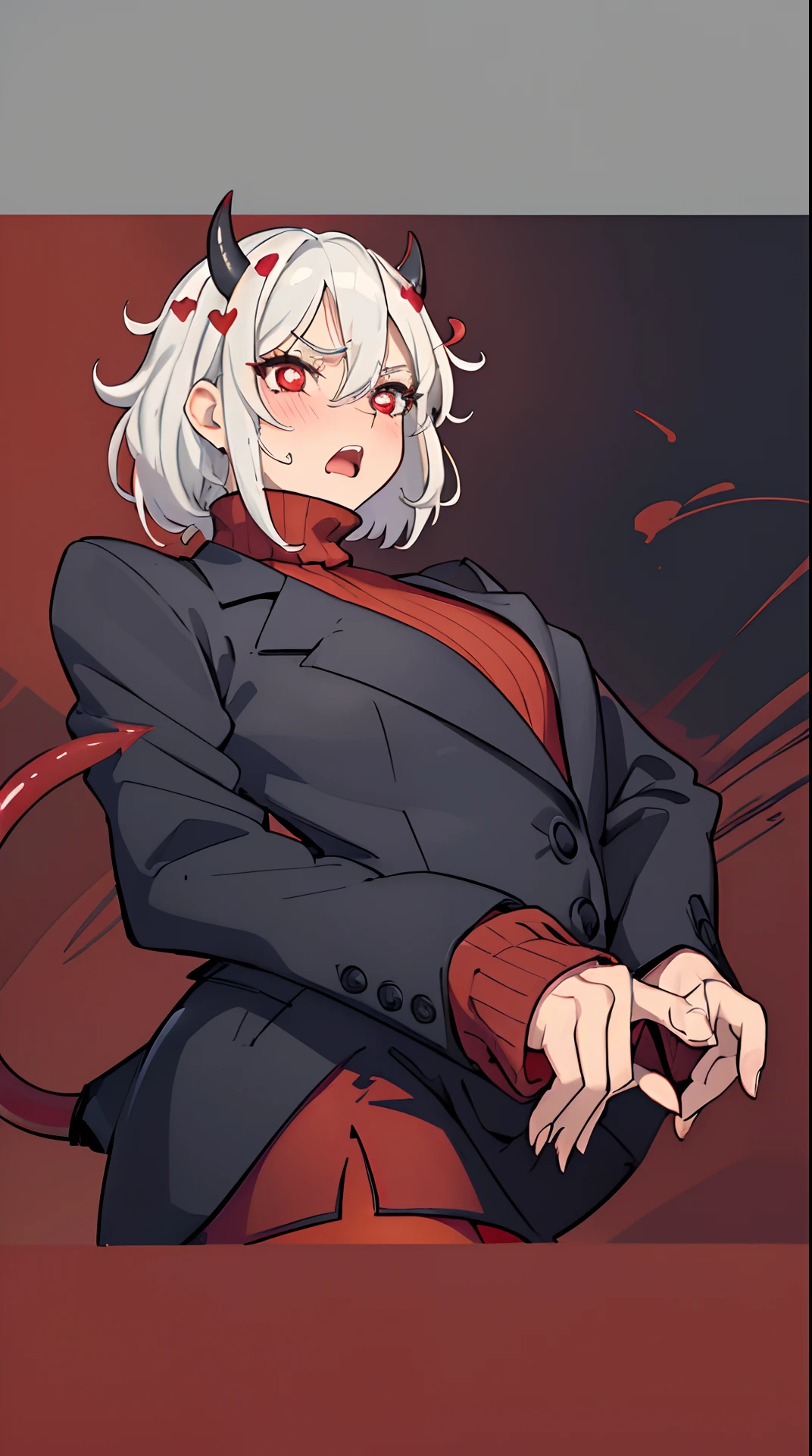 (masterpiece, best quality:1.2), cowboy shot, solo, 1girl, htmodeus, blush, open mouth, angry, daemon tail, 
Medium short hair,white hair, black horns, looking at viewer, heart-shaped pupils, formal, black jacket, red sweater, turtleneck, sleeves past wrists, black skirt, red pantyhose