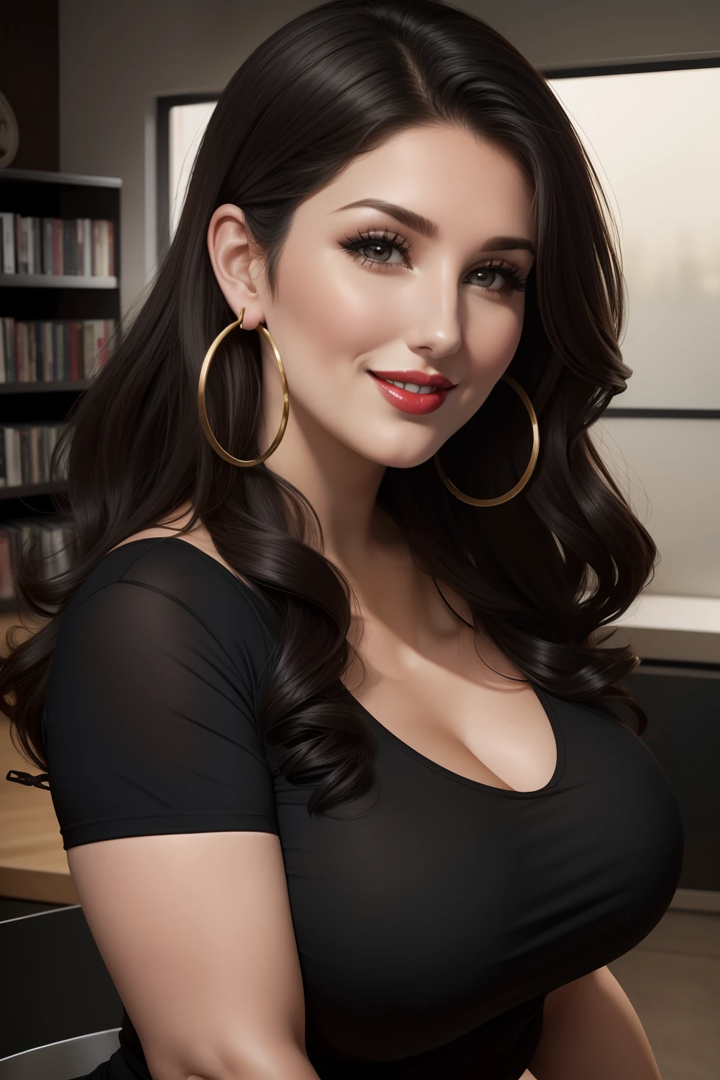 Lucy Pinder, smiling, ((VERY INTENSE MAKEUP)), voluptuous, neckline, Adele, play guitar, VAnessa Hudgens, sexy outfit