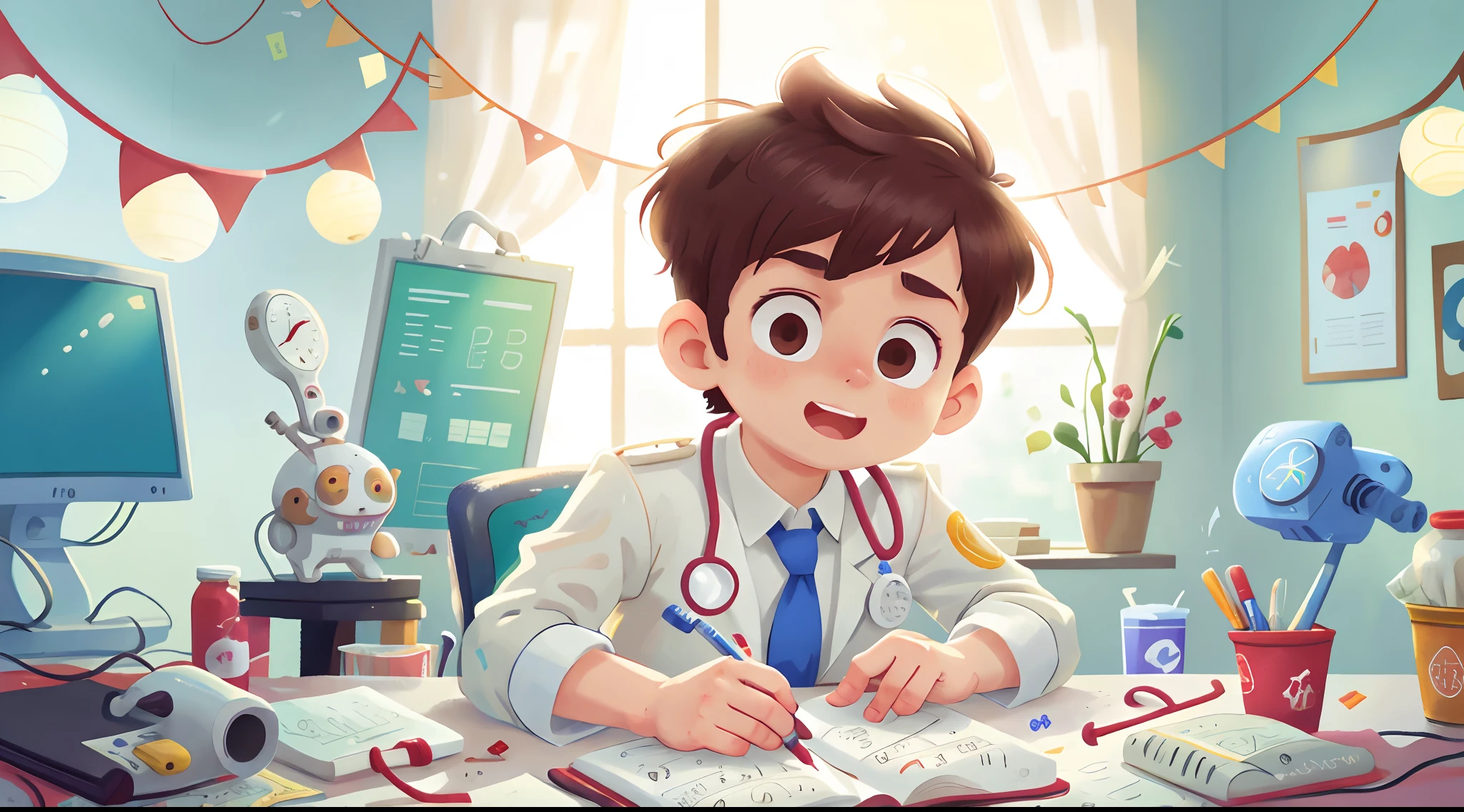 A man in a white doctor's costume,Hospital scene,The scene is clean,Rejoice,Perfect quality,Clear focus(Clutter - hospitals:0.8), (tmasterpiece:1.2) (realisticlying:1.2) (Bokeh) (best qualtiy) (detailedskin:1.3) (complexdetails) (8K) (detailedeyes) (Sharp focus),(having fun)