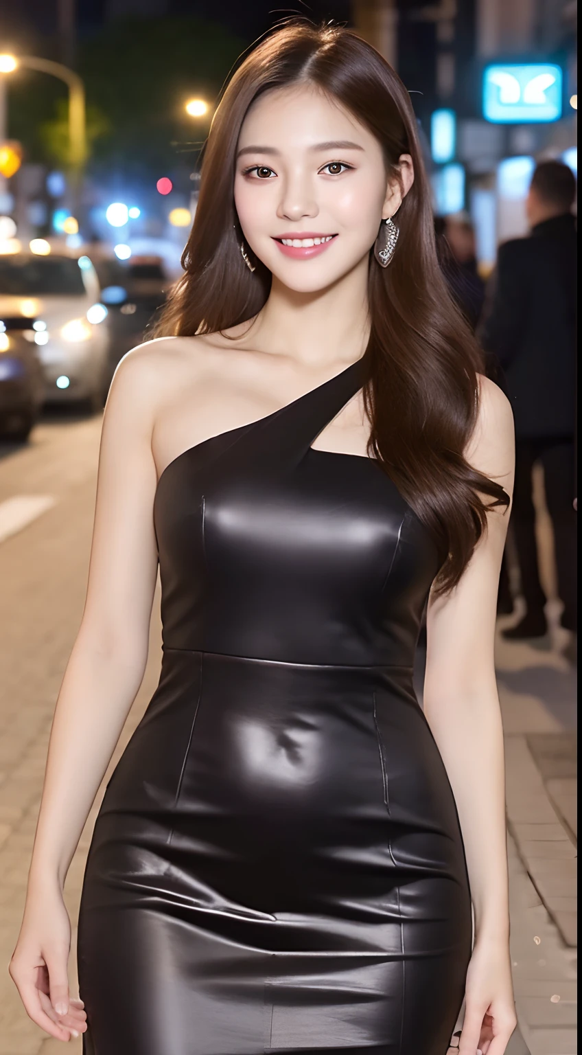 ((Best quality, 8k, Masterpiece :1.3)), 1girl, smiling, full body, slim face, Pretty woman, (Dark brown hair), full length dress :1.1, Ultra-detailed face, Detailed eyes, Double eyelid, blur background, slim face, city, outside, street,