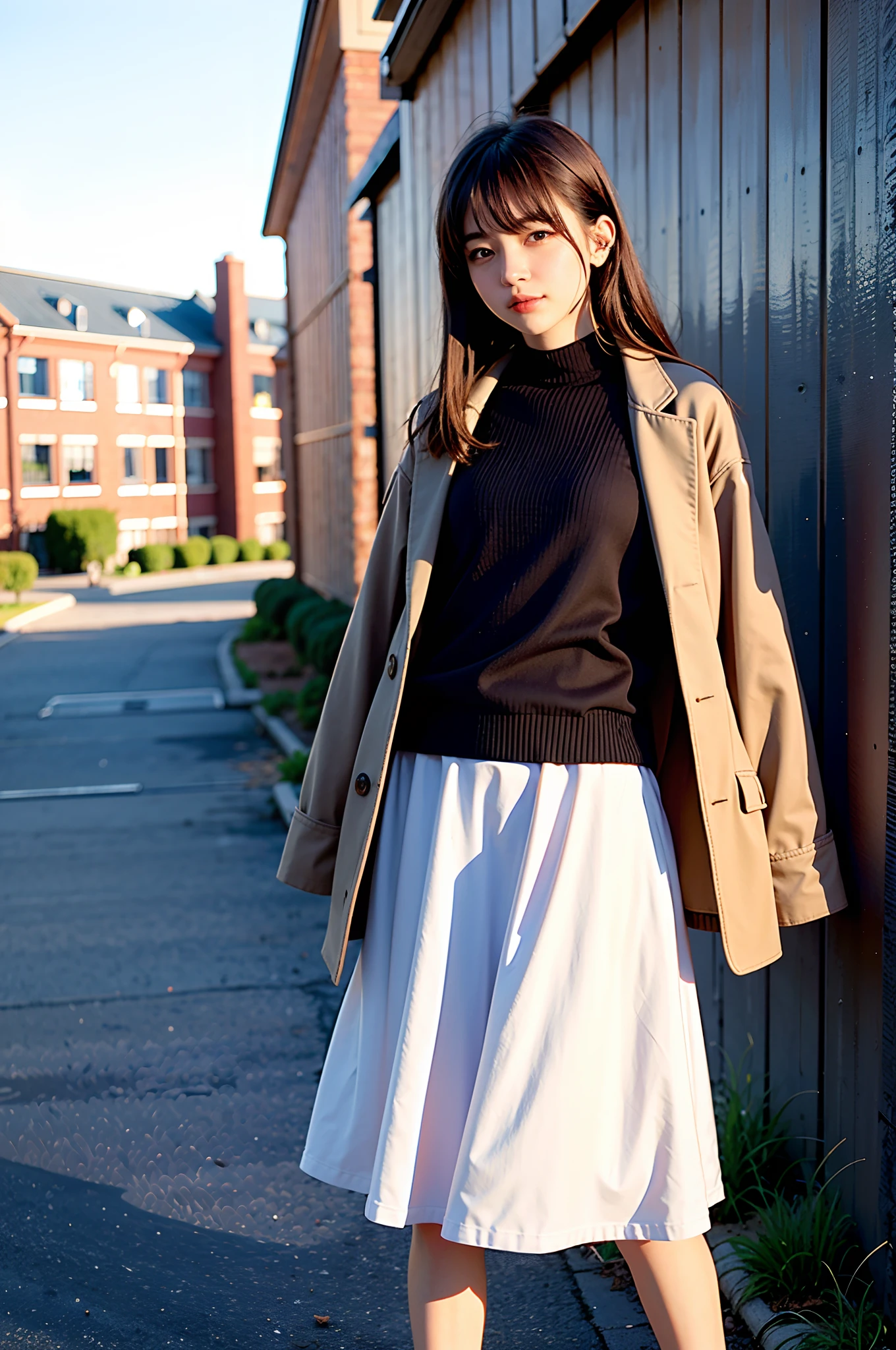 ​masterpiece, top-quality、Raw foto, Photorealsitic、1womanl、25-years old、Yokohama Red Brick Warehouse、Leaning against the wall、oversize jacket、long  skirt、Autumn clothes in warm colors、Reflecting the whole body、A smile、People around you々The costume、Smaller chest、Small butt、Reflecting the whole body、unbelievable Ridiculous、depth of fields, hight resolution, ultra-detailliert, foco nítido, Cinematic lighting、Add highlights to the eyes