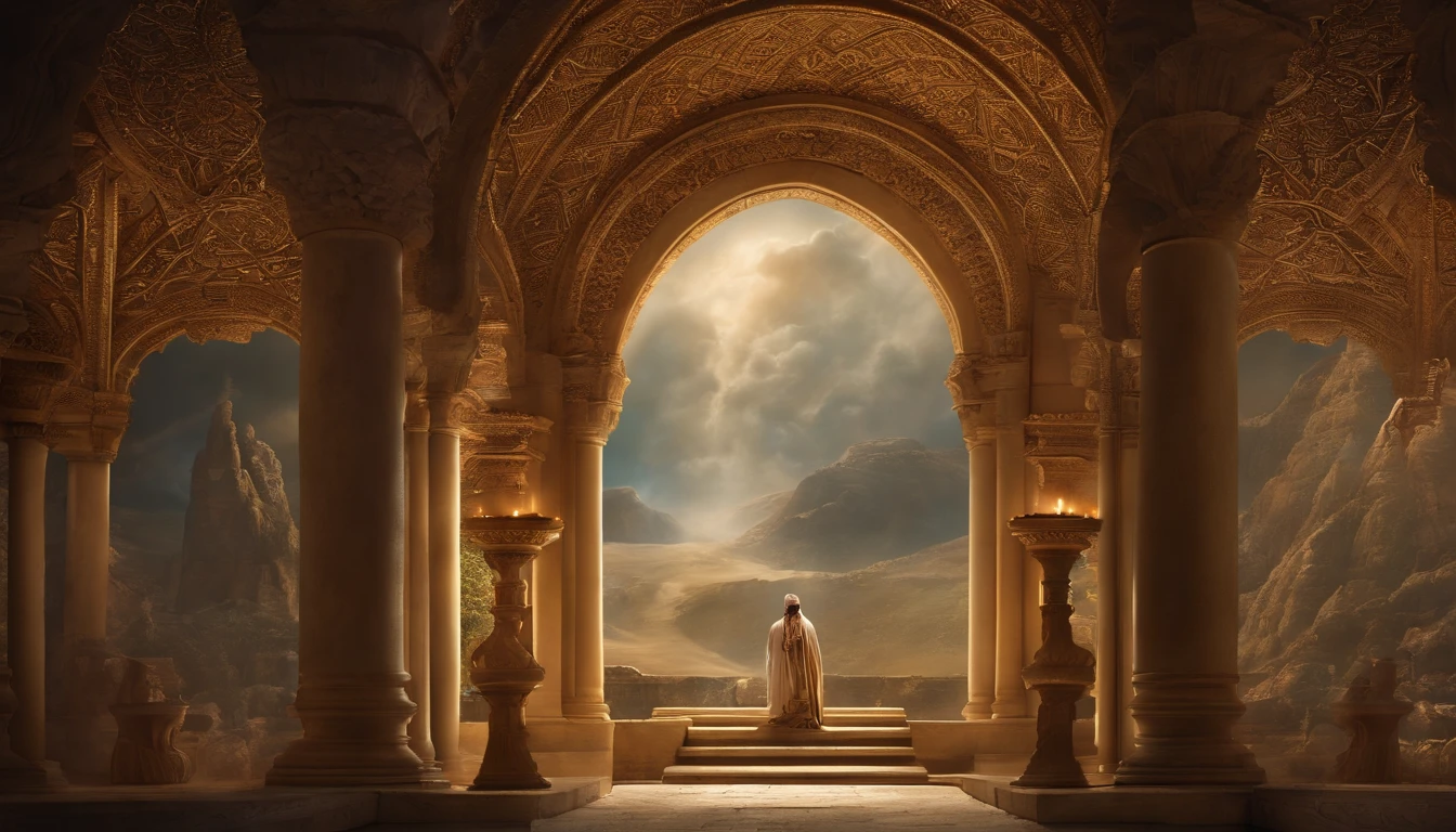 (Best Quality,high resolucion),Visions of God in the Book of Ezekiel, Divine in Heaven, Historically accurate background, Exquisitely detailed illustrations and intricate elements, Realistic portrait style, Subtle color palette, vibrant background, natural textures, Deep Shadows, Delicate highlights, Attention to historical accuracy and intricate details, Emotional depth and intensity, True depiction, Thought-provoking, Spiritual atmosphere, A Sense of Ancient Wisdom, Profound impact