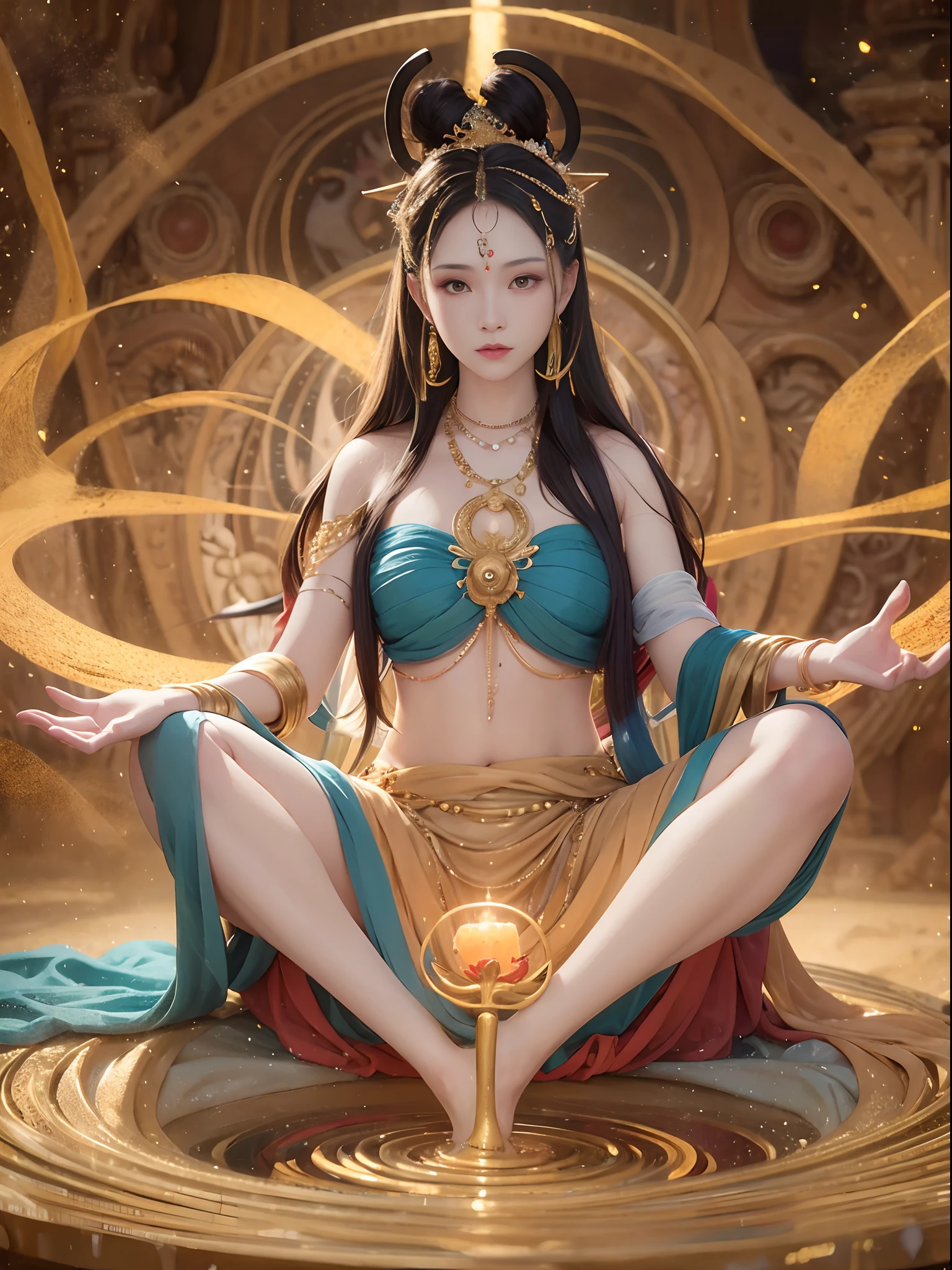 Goddess of immortality with very delicate features, Sit cross-legged and meditate. Her body is partially covered with a pale cloth. Behind her, Golden magic circle spins. A magical aura surrounds her. The scene is full of enchantment and a sense of fantasy. In the background、There is a galaxy with 4 elements (fire, Water, Air, Earth) Swirling around it. Images are of the highest quality, 8K resolution, Ultra-detailed and photorealistic visuals on display.