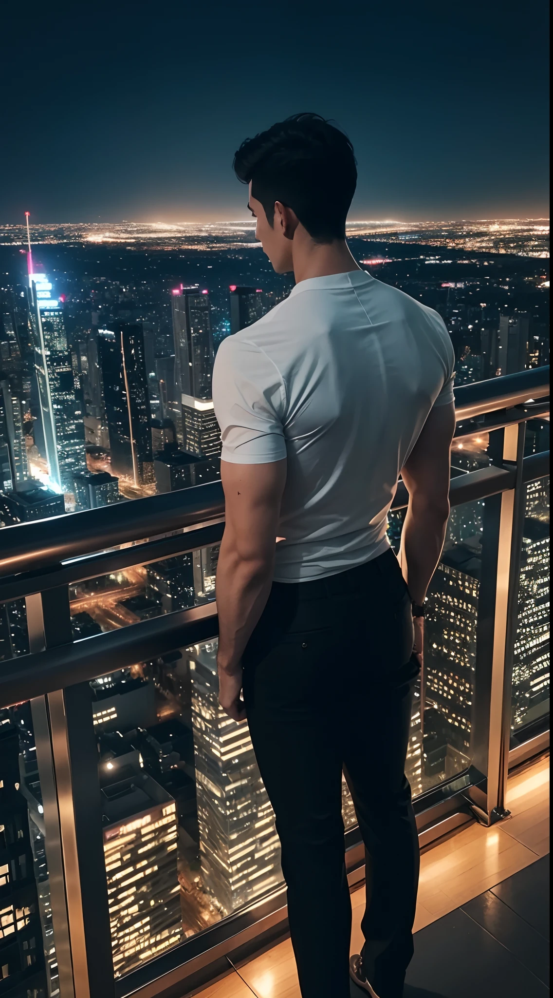 A tall guy standing at the top building, night city view, beautiful view, tall muscular guy, short hair, black hair, back view,