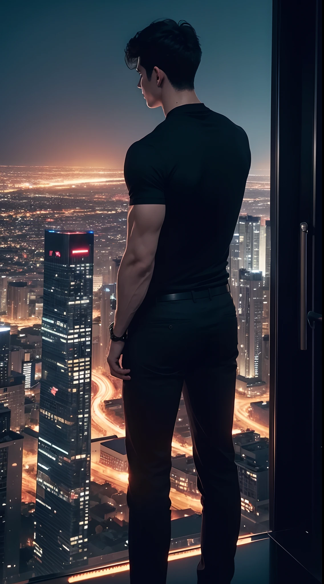 A tall guy standing at the top building, night city view, beautiful view, tall muscular guy, short hair, black hair, back view,