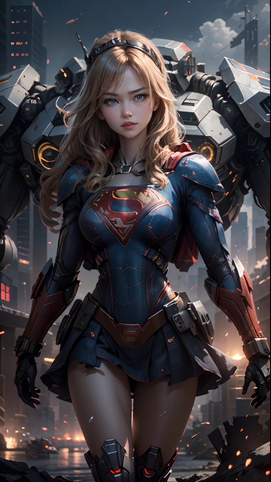 ((Best Quality)), ((Supergirl's Masterpiece)), (Very Detailed: 1.3), 3D, Shitu-mecha, Beautiful cyberpunk woman wearing crown with her ruined mecha of a forgotten war city, long blonde hair, blue eyes, superman S symbol on chest, sci-fi technology, HDR (High Dynamic Range), ray tracing, nvidia RTX, super resolution, unreal 5, subsurface scattering, PBR texture, post-processing, anisotropic filtering, depth of field, maximum sharpness and sharpness, multi-layer texture, specular and albedo mapping, surface shading, accurate simulation of light-material interactions, perfect proportions, octane rendering, duotone lighting, low ISO, white balance, rule of thirds, wide aperture, 8K RAW, high-efficiency subpixels, subpixel convolution, light particles, light scattering, Tyndall effect
