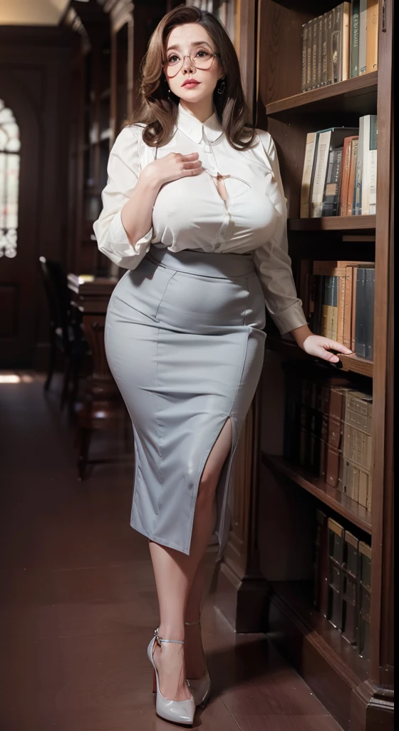 full body shot, a solo shot of a mix of Nancy Pelosi and Lesley Ann Warren as a elderly curvy buxom plus size attractive leggy angry looking strict librarian, wearing a white buttoned blouse, a grey front zipped pencil skirt and high heeled pumps standing in the library, updo hairstyle, glasses, wide hips, curvy hourglass figure, oppai proportion, heavy exaggerated proportions