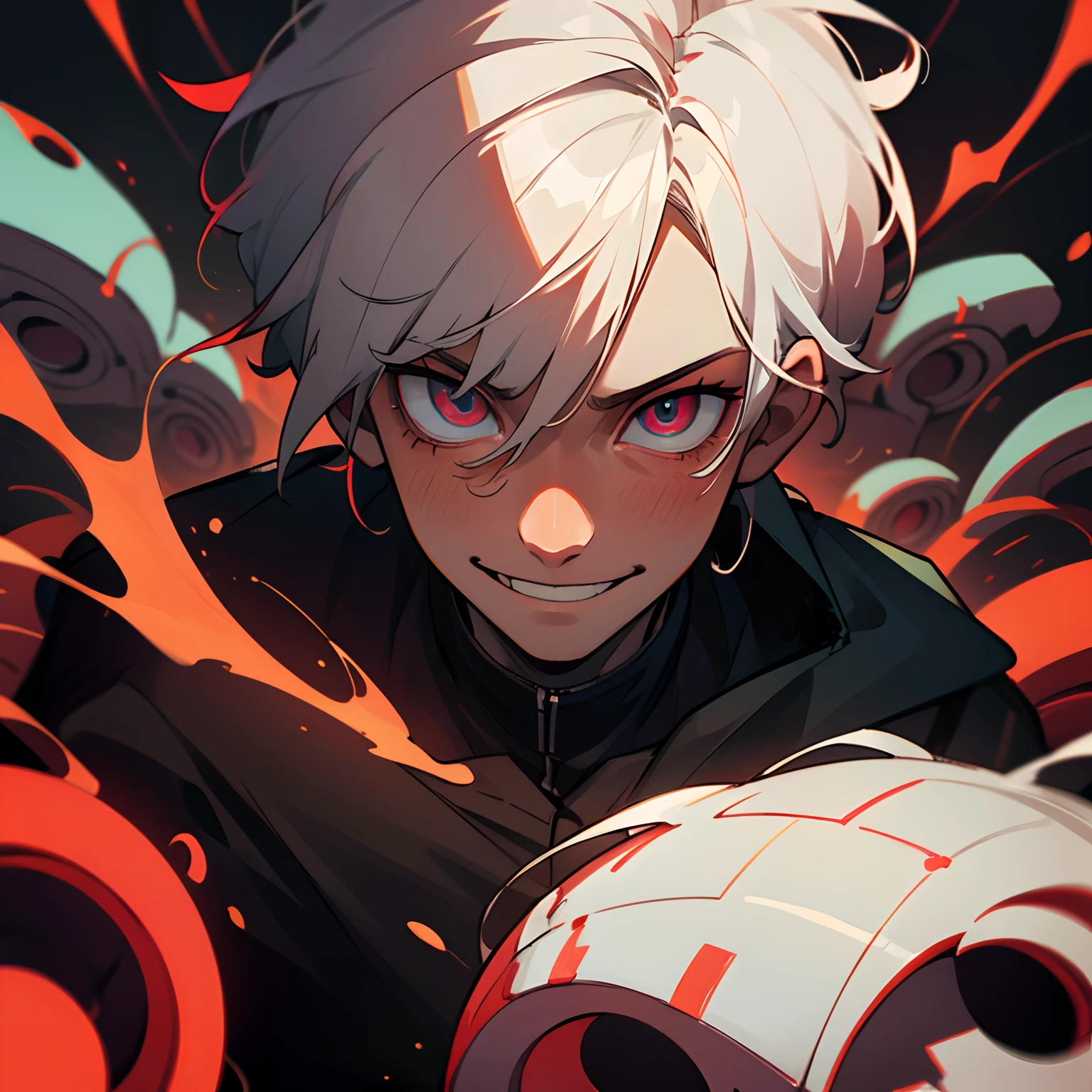 ((alone)), ((solo)), close pic, male character, young adult around 22 years old. messy white hair. a fringe covers one eye. The eyes are neon red. He has a crazy and disturbed smile. pale skin. black clothes.