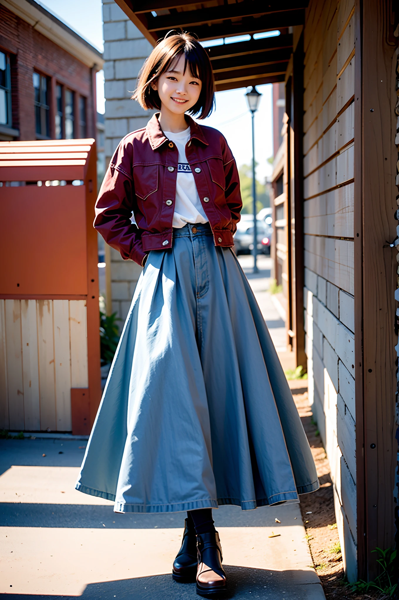​masterpiece, top-quality、Raw foto, Photorealsitic、1womanl、25-years old、Yokohama Red Brick Warehouse、Leaning against the wall、oversize jacket、sideshot、long  skirt、Autumn clothes in warm colors、Reflecting the whole body、A smile、People around you々The costume、Smaller chest、Small butt、Reflecting the whole body、unbelievable Ridiculous、depth of fields, hight resolution, ultra-detailliert, foco nítido, Cinematic lighting、Add highlights to the eyes