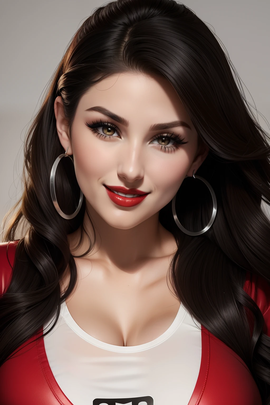 Lucy Pinder, Face Portrait, Red Lipstick, Smiling, Black Hair, Wavy Hair, Hoop Earrings, Silver T-shirt, Tattoos