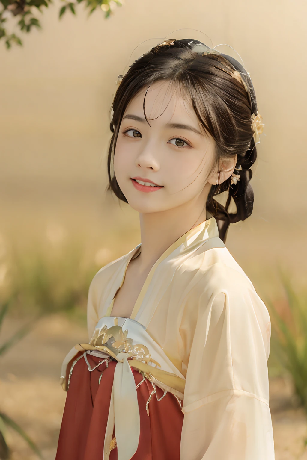 Best quality at best, tmasterpiece, 超高分辨率, (photo-realistic:1.4), 1girll, eyes with brightness,Sun-kissed skin,Carefree expression, Gentle wind,playful pose,dynamic compositions,Golden hour lighting,vague background,rich colours,finely detailled,hyper realisitc,Portrait Photogram,35mm film, The upper part of the body, Close-up Shot Shot,(Hanfu,tang style outfits), ((Landscape background)), 16k