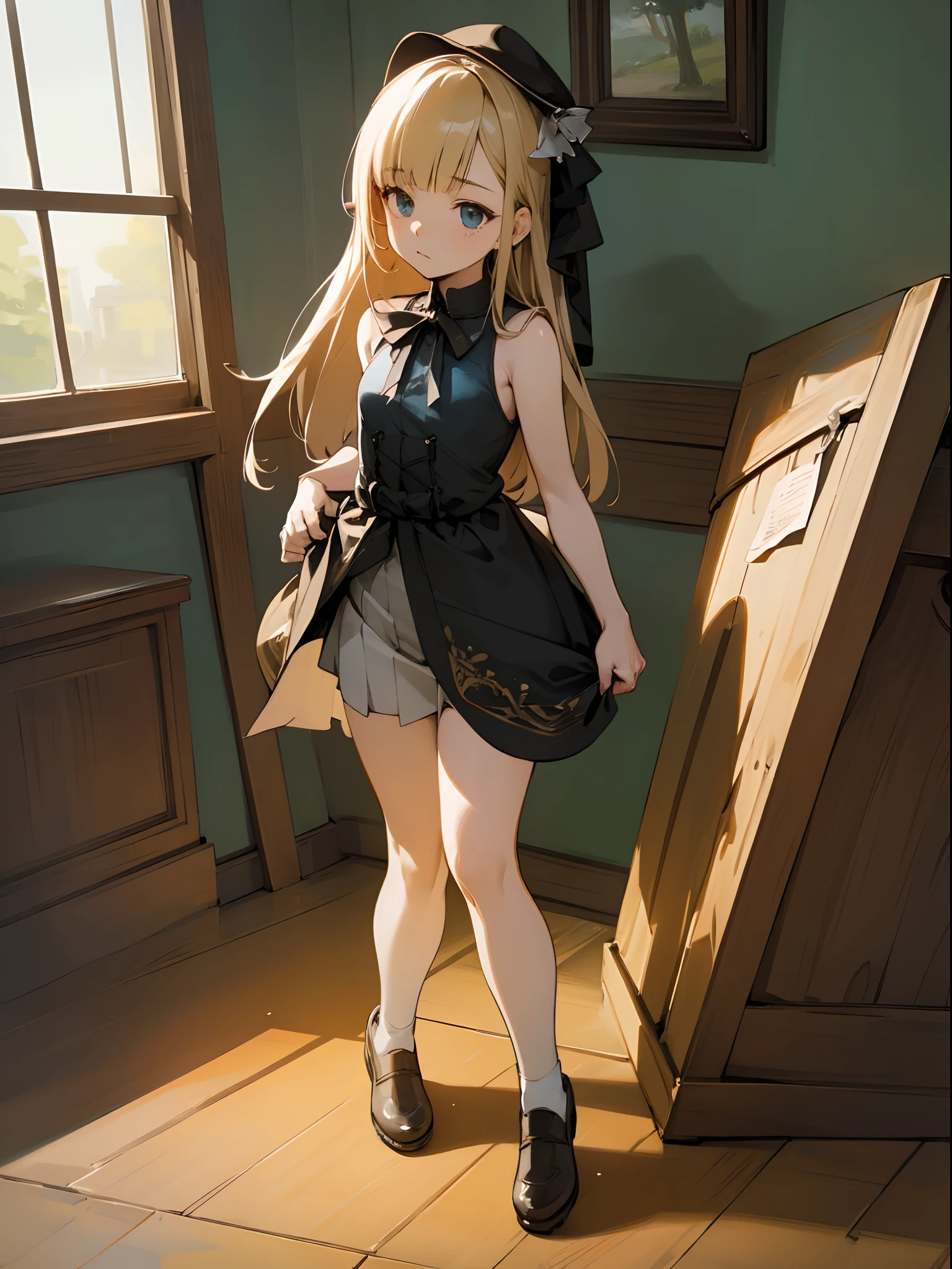 Reines, 1girl, high quality, best quality, illustration, masterpiece, (highly detailed:1.2), (extremely detailed:1.3), small breasts, child, sleeveless, young girl, string ribbon, short skirt, full body, braid, petite, curvy loli, in a house