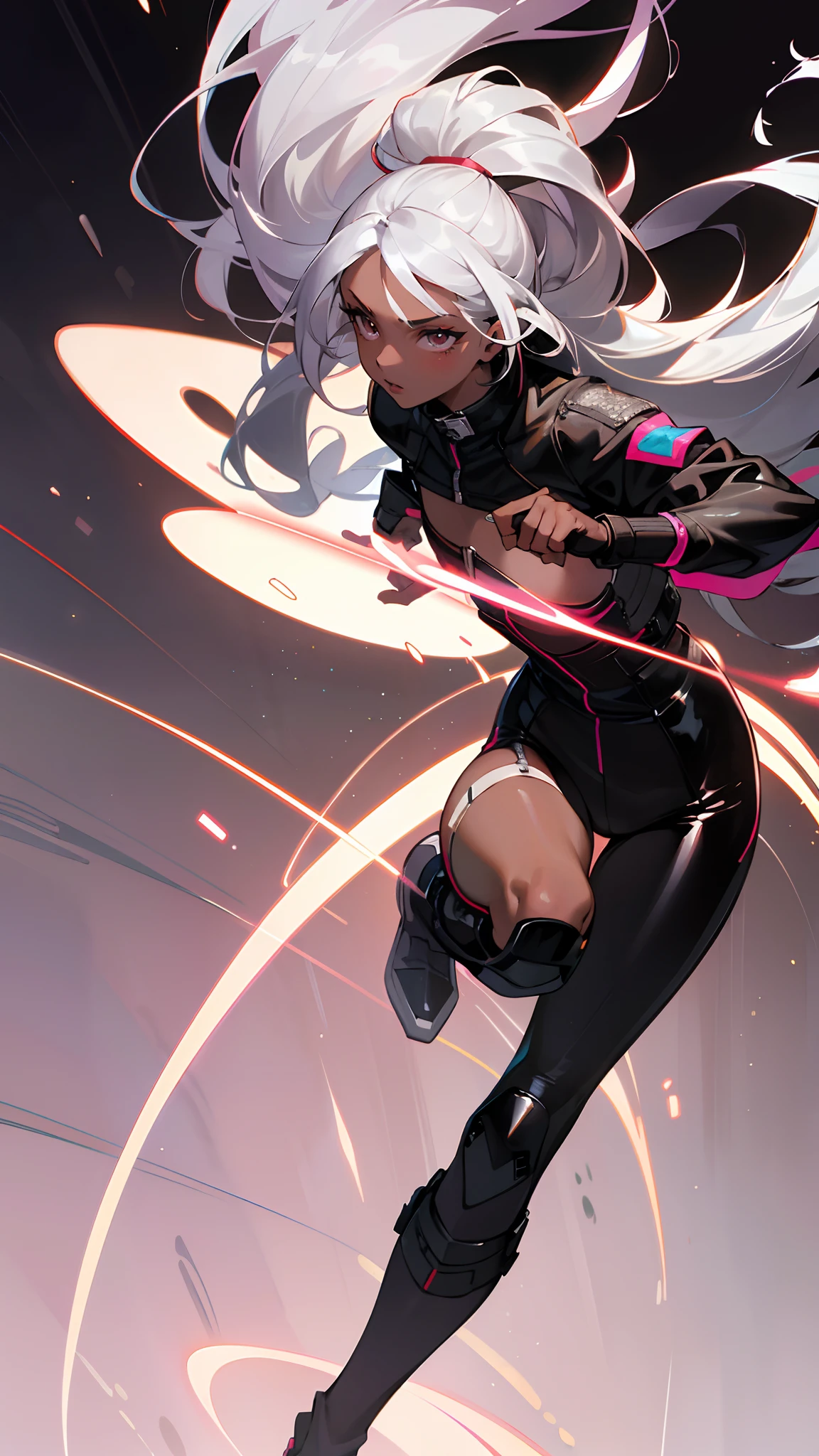 (masterpiece, best quality:1.3),beautiful detailed glow,best illuminate,(((best quality,textile shading,ultra detailed))),extremely detailed CG unity 8k wallpaper,Highly Detailed beautiful and aesthetic,best light,high resolution,detailed,dynamic lighting , 1Character ,  pastel washed out colors , cell shade , soft, muted shades ,gentle colors,


She wears a form-fitting, black leather jacket with sleek racing stripes in vibrant crimson and electric blue, The jacket features padding and armor, adjustable straps, black leather pants with stretch panels, pants have knee sliders for protection and practicality while racing, knee-high, black leather racing boots with reinforced shin and ankle guards, boots feature crimson accents and rubberized soles, leather racing gloves with knuckle armor, 

Beautiful woman, extremely long hair , ((silver hair:1.3)) , wavy hair, ((very large chest:1)) , full lips , pink iris , fit body , ((brown skin:1.3)), ((dark skin:1)), has striking long, white hair that flows down to her mid-back, strong and determined facial structure, light pink eyes , eyebrows are thin and arched, powerful and athletic build, She is notably tall and statuesque, well-defined muscles, age 33