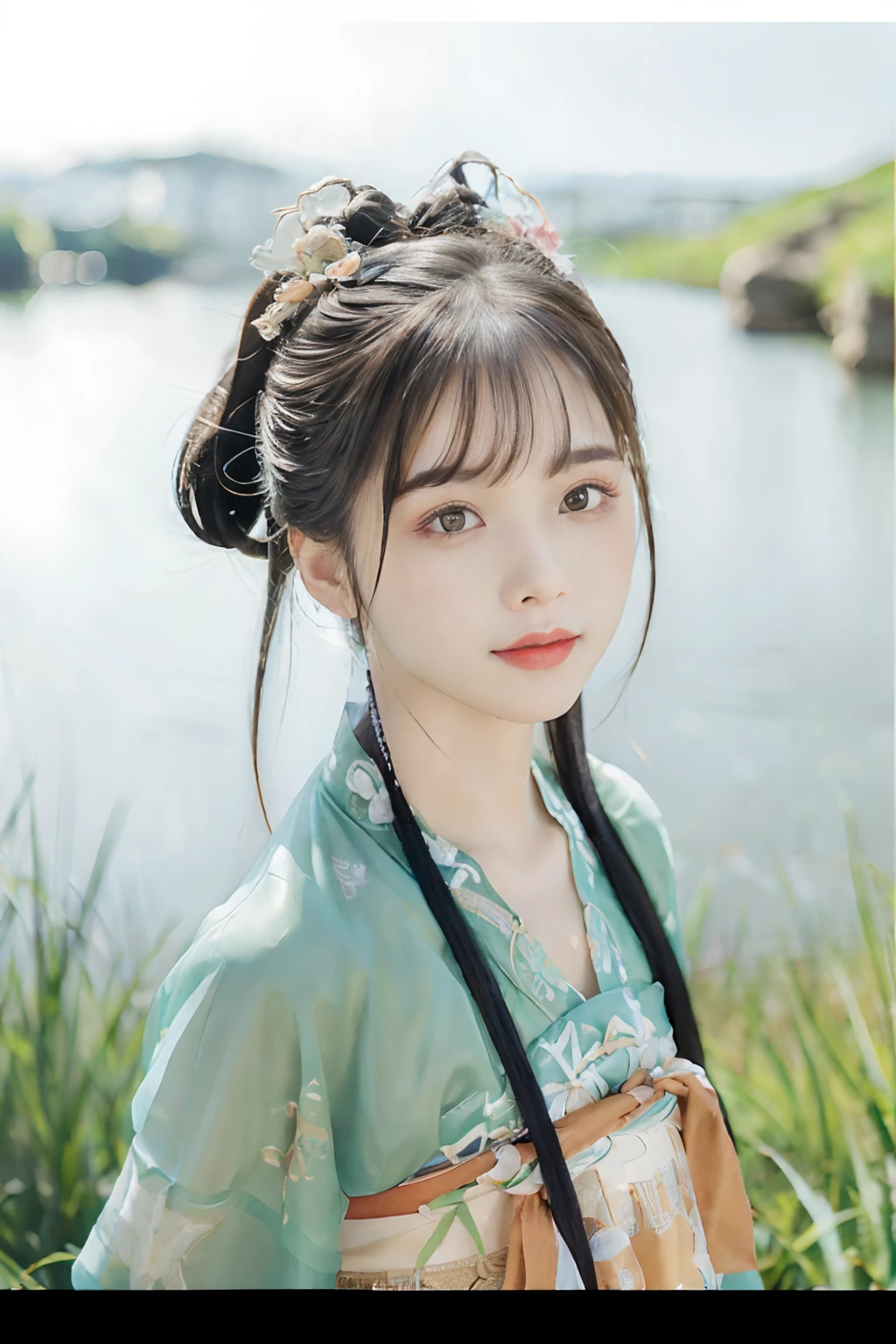Best quality at best, tmasterpiece, 超高分辨率, (photo-realistic:1.4),8K raw photos, A high resolution, Ancient Chinese Hanfu, Beautiful pattern, Gorgeous embroidery, Beautiful and detailed eye details, long eyelasher, detailed skin textures, super detailing, RAW photogr, face to the viewer, The upper part of the body, Close-up Shot Shot, ((( Landscape background))), (((1girll))), 独奏,The upper part of the body, Beautiful hairstyle,No action, Portrait Photogram,35mm film