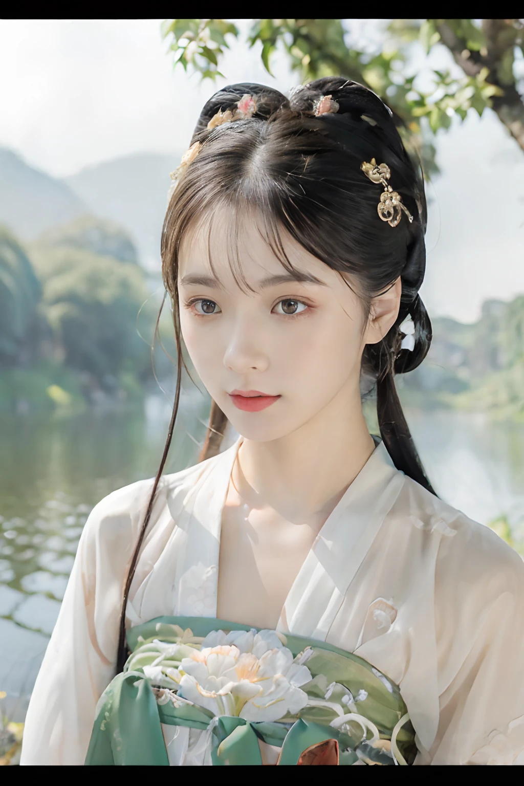 Best quality at best, tmasterpiece, 超高分辨率, (photo-realistic:1.4),8K raw photos, A high resolution, Ancient Chinese Hanfu, Beautiful pattern, Gorgeous embroidery, Beautiful and detailed eye details, long eyelasher, detailed skin textures, super detailing, RAW photogr, face to the viewer, The upper part of the body, Close-up Shot Shot, ((( Landscape background))), (((1girll))), 独奏,The upper part of the body, Beautiful hairstyle,No action, Portrait Photogram,35mm film