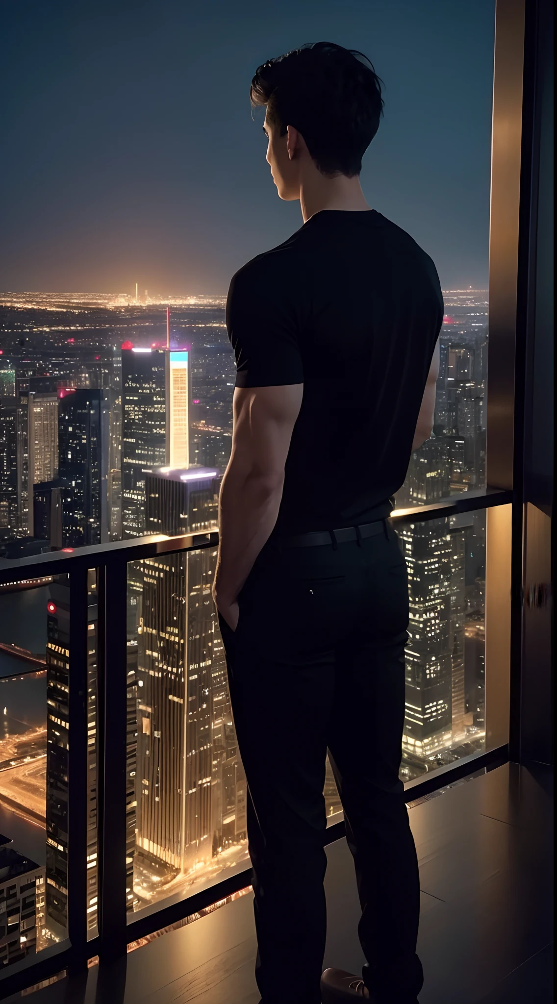 A tall guy standing at the top building, night city view, beautiful view, tall muscular guy, short hair, black hair, back view,