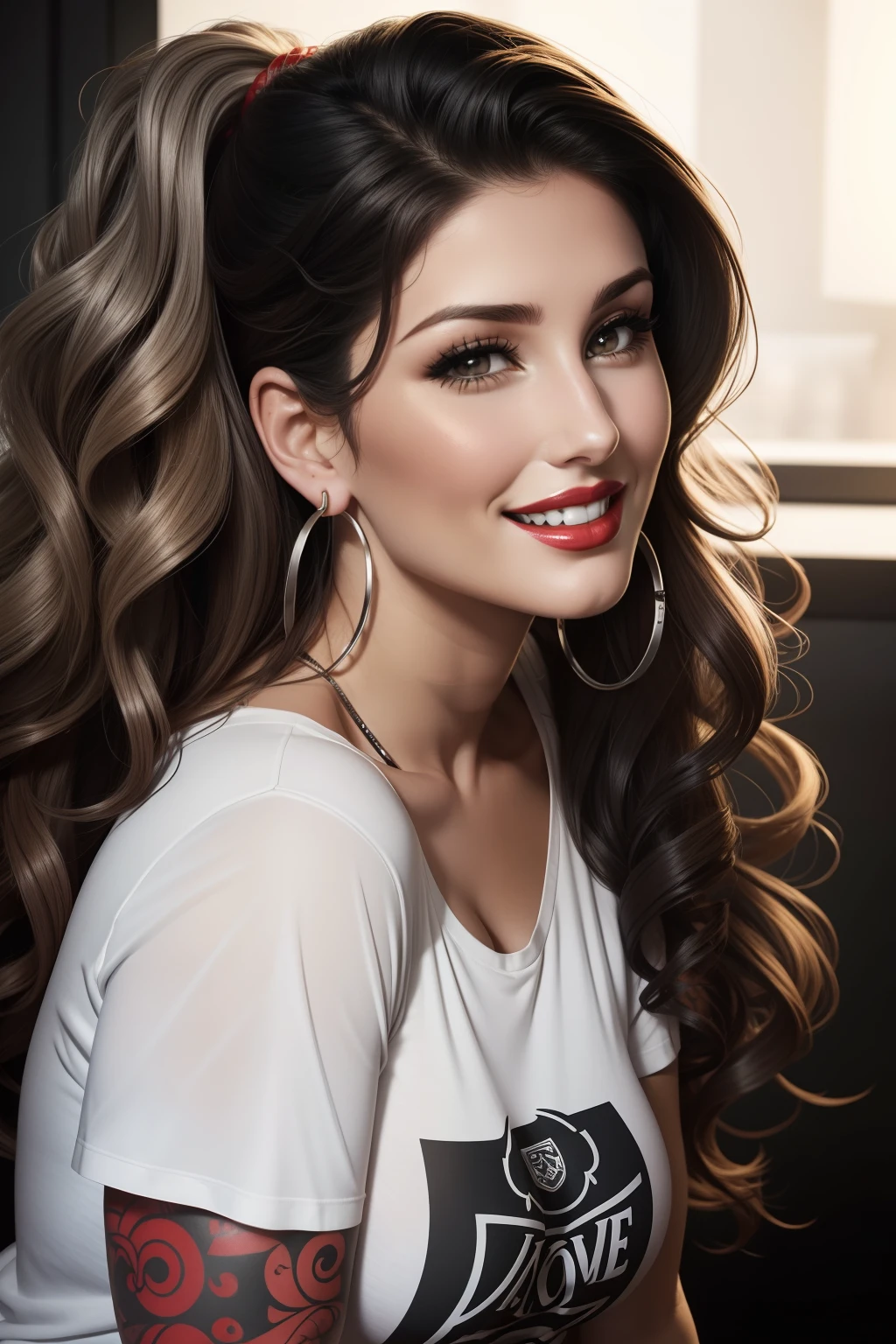 Lucy Pinder, Face Portrait, Red Lipstick, Smiling, Black Hair, Wavy Hair, Hoop Earrings, Silver T-shirt, Tattoos