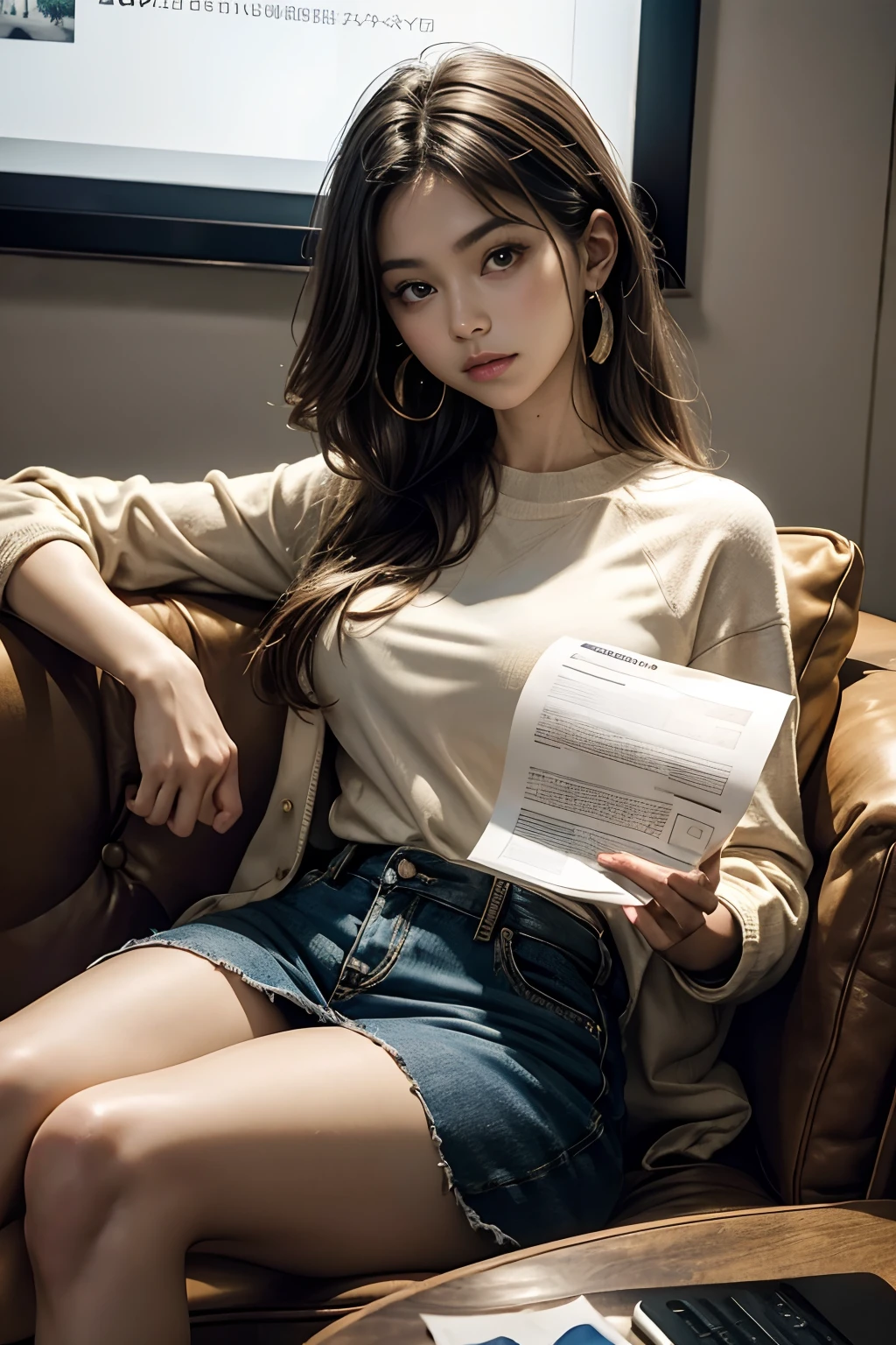 a woman sitting on sofa、Holding a piece of paper in his right hand,、Show it to your audience、Hold out the paper so that the other person can see it.