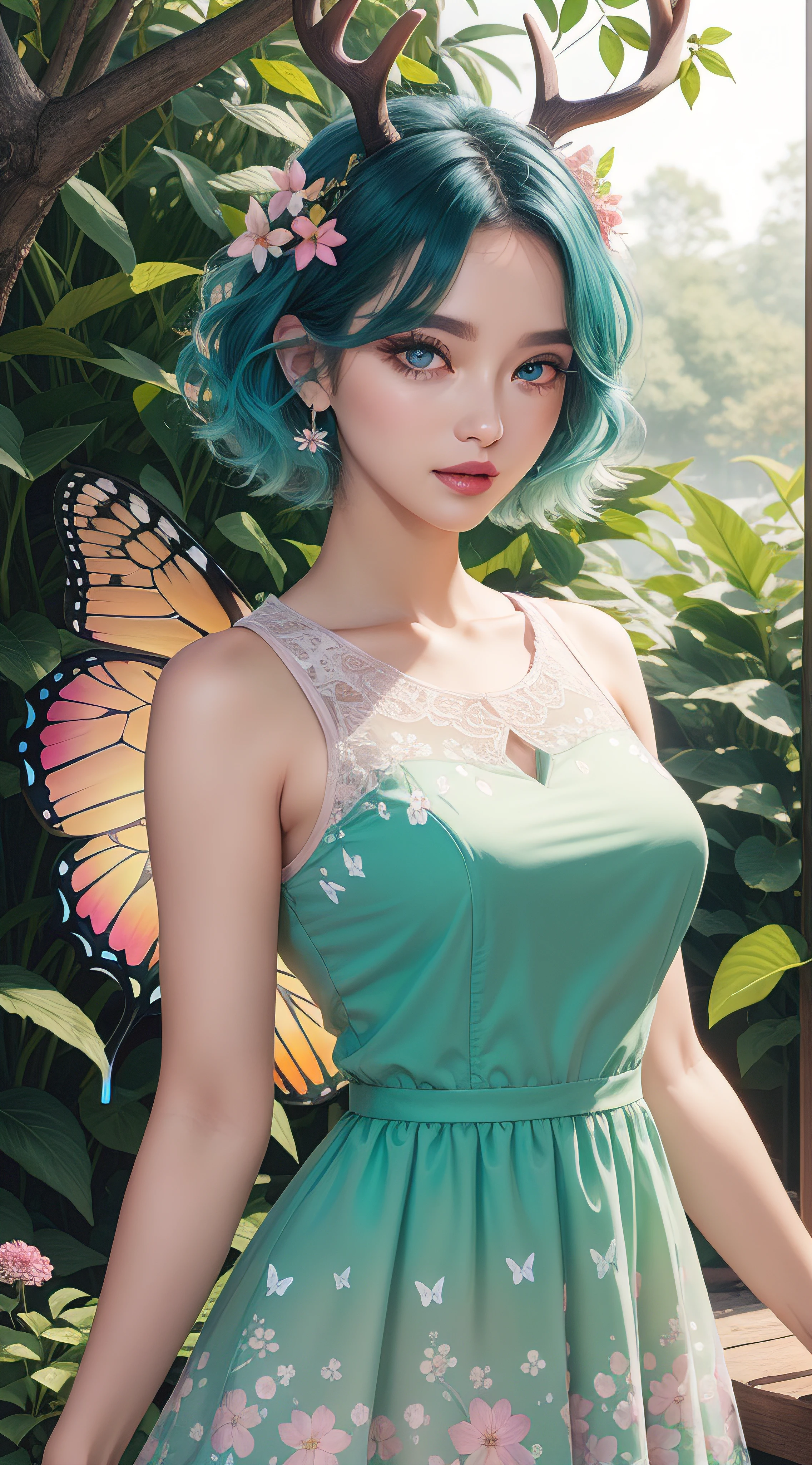 (((masterpiece, best quality))), (((thicker lines))), (((Sharp focus))), ((bokeh)), 1girl, (((light green pixie cut))), (((deer antlers, covered in flowers))), flower earrings, (((light pink eyes))), ((slanted eyes)), (thick eyeliner), eyeshadow, (((long eyelashes))), ((lips)), (((intricate pastel floral lace dress))), (((medium breasts))), ((forest)), ((lots of glowing flowers)), ((cowboy shot)), (glowart), Korean webtoon girl, big eyes, ombre lipstick, cute face, oval face, colored hair, curly hair, straight hair, ((butterfly style)), ombre, ombre hair, add_detail:0.5, add_detail:1, add_detail:1, add_detail:0, add_detail:2, InkAnime, ((glowify)), COLORFULMIX, MULTICOLORED HAIR, WAVY HAIR, mksks, more_details:-1, more_details:0, more_details:0.5, more_details:1, more_details:1.5, colored eyelashes, (((light green eyelashes))), kahuka1, butterfly style, flower dress, glowify, glowify, flower dress