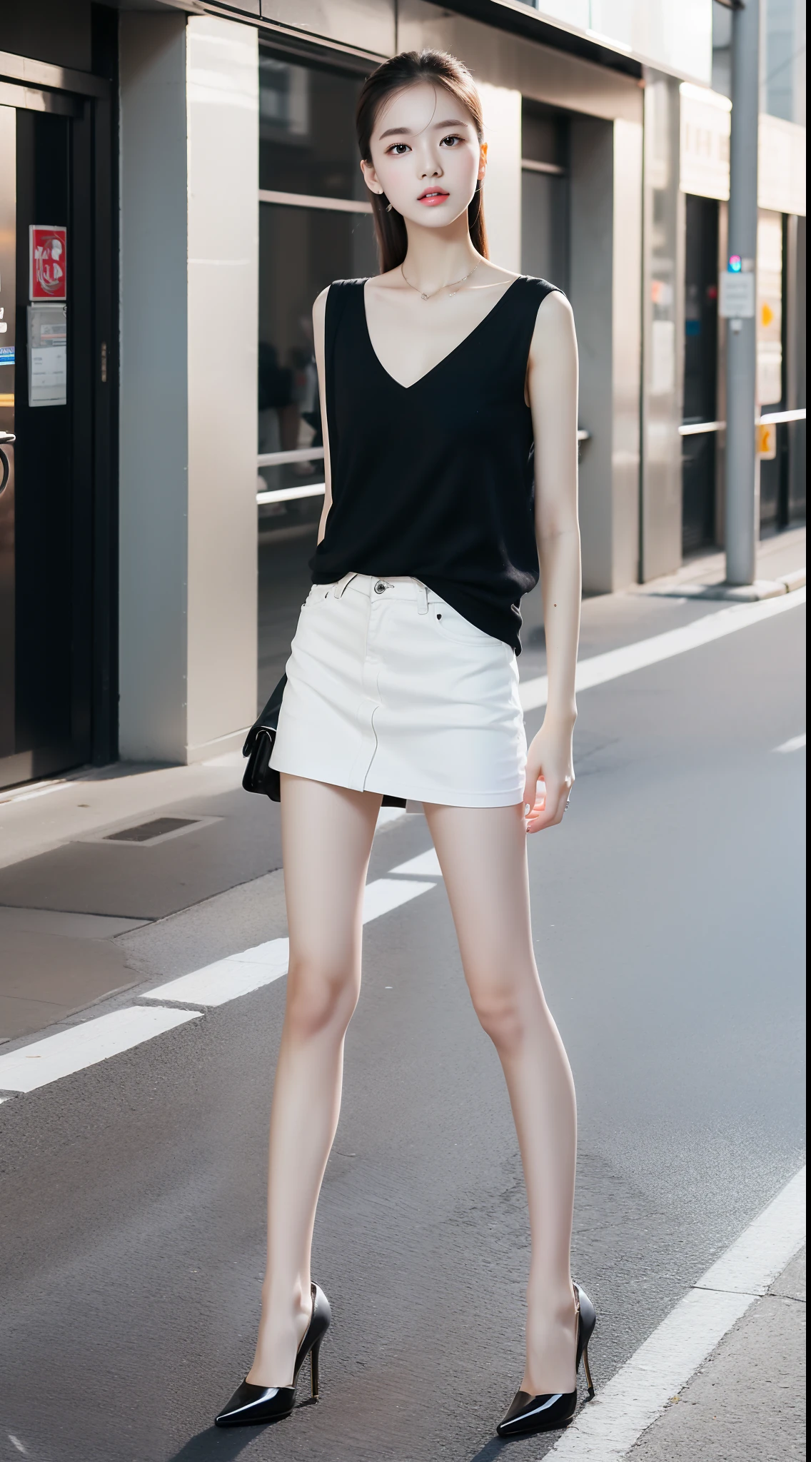 Ultra-clear resolution,top Quority,Wonderful young girl,ear studs,Clear eyes,plain face,Gloss on lips,s the perfect face,White skin,Perfect chest,Slender legs,Random clothes,Slim fitting miniskirt,black heels,street