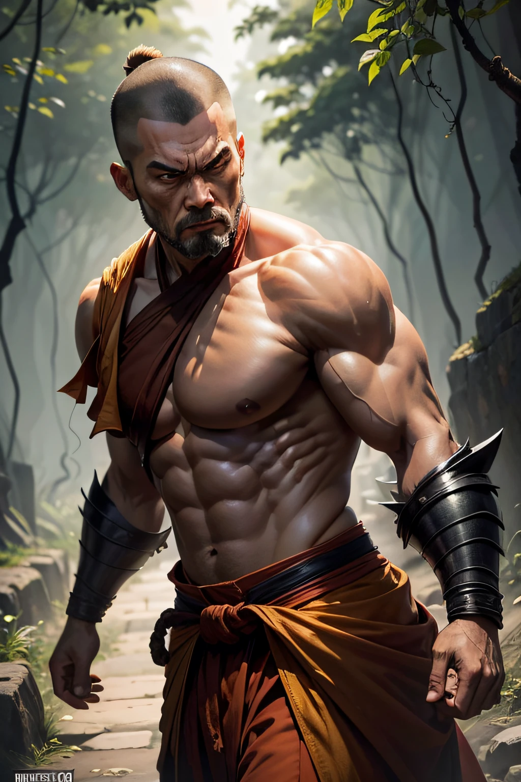(1 page of a comic book with many plots), (Monk ShaoLin), Shaolin clothing, A belligerent face, Looks harsh, The Monk walks the Jungle Paths, (Looks attentive:5,0), Sees a monastery in the distance, Approaching the monastery, eye shadow, Dark corners, comic style, Multiple images in one frame, Action storyboard, Best Quality, Highest resolution, Extreme detailing, maximum definition