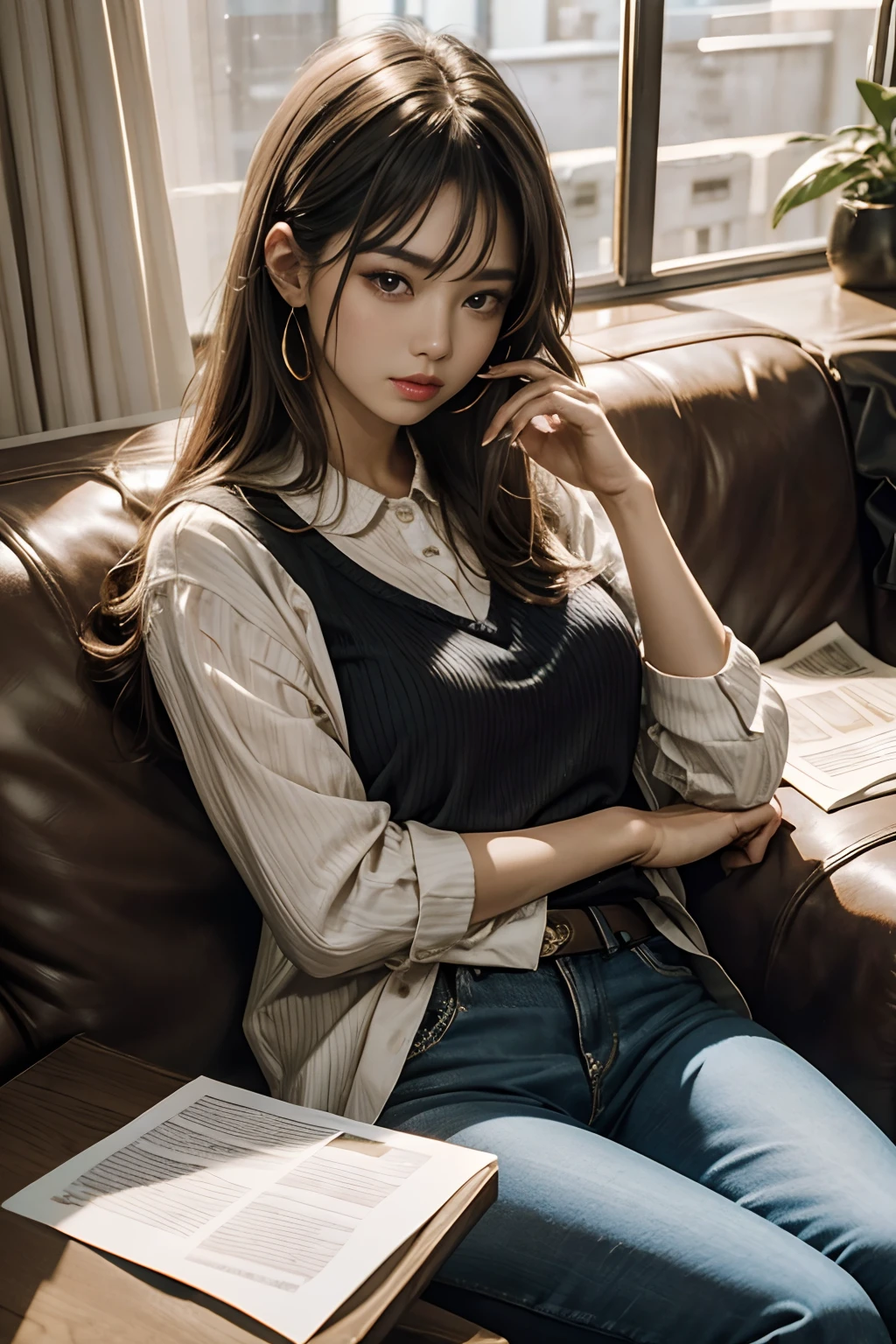 a woman sitting on sofa、Holding a piece of paper in his right hand,、Show it to your audience、Hold out the paper so that the other person can see it.