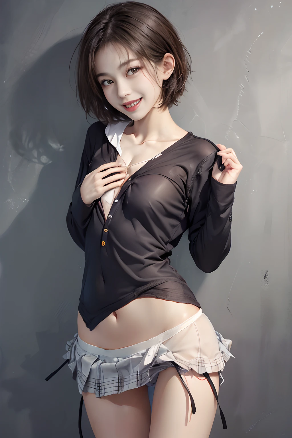 Pubic hair grows、Smile full of happiness、((Don't wear panties:1.3))、Transparent panties、、Panting face、Lacking、After being attacked、Tattered girl costume(Plaid miniskirt)、a sailor suit、Sweating、Expression in a state of excitement、short-hair、eye glass、Almost completely naked、Jumping、(((chest open and fully visible:1.5)))