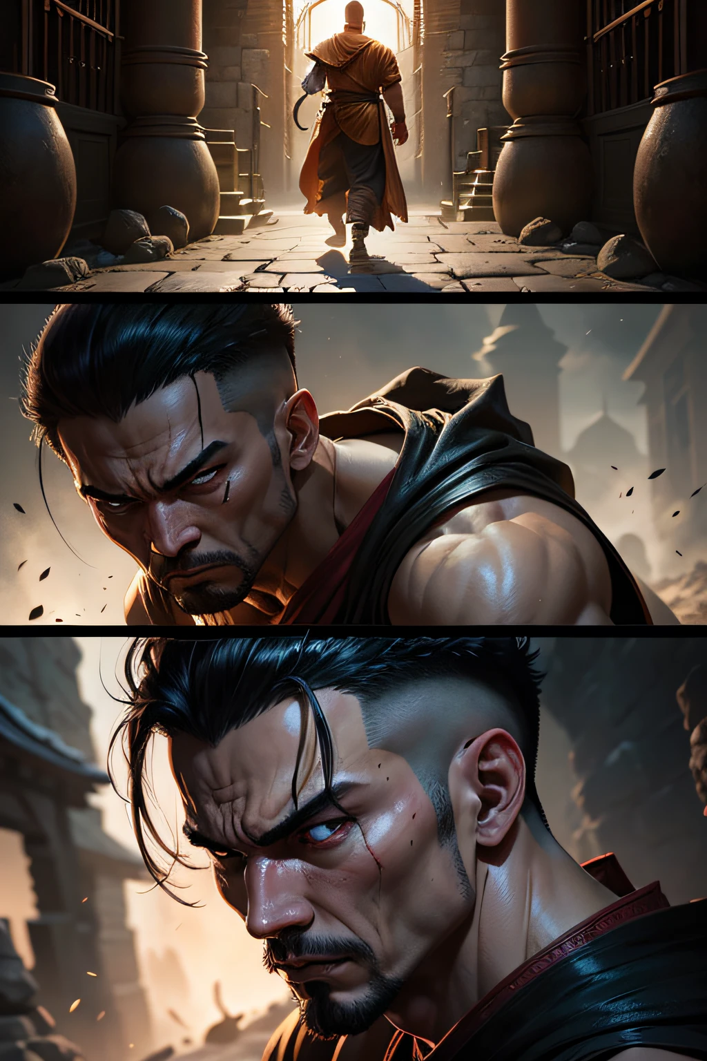 (1 page of a comic book with many plots), (Monk ShaoLin), Shaolin clothing, A belligerent face, Looks harsh, Dungeon Entrance, (Looks attentive:5,0), near the entrance to the dungeon, Enters the dungeon, eye shadow, Dark corners, Dark stone corridors, comic style, Multiple images in one frame, Action storyboard, Best Quality, Highest resolution, Extreme detailing, maximum definition
