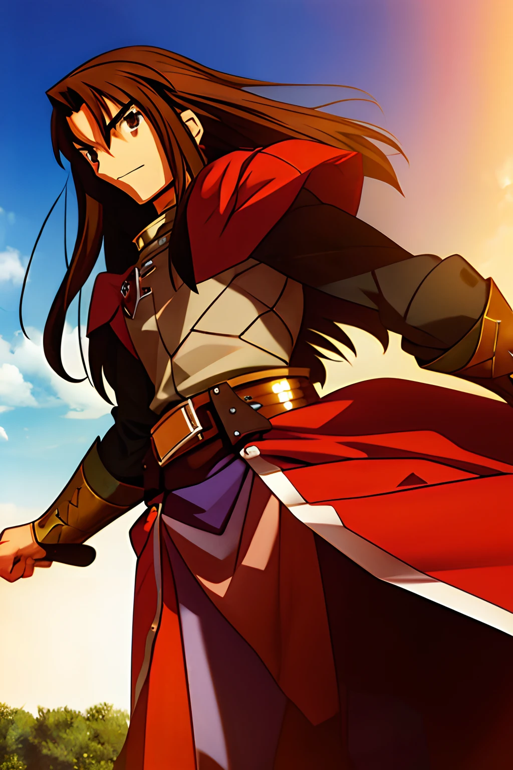 A man with long brown hair, wears medieval crimson armor, brown eyes, anime, medieval.