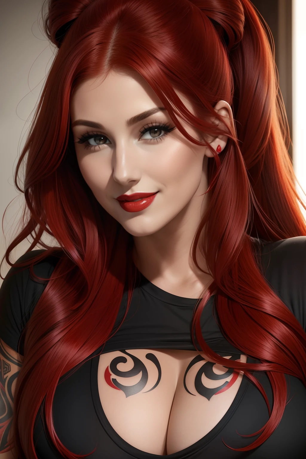 Lucy Pinder, Face portrait, red lipstick, smiling, red hair, straight hair, two tails in hair, black t-shirt, cleavage, tattoos
