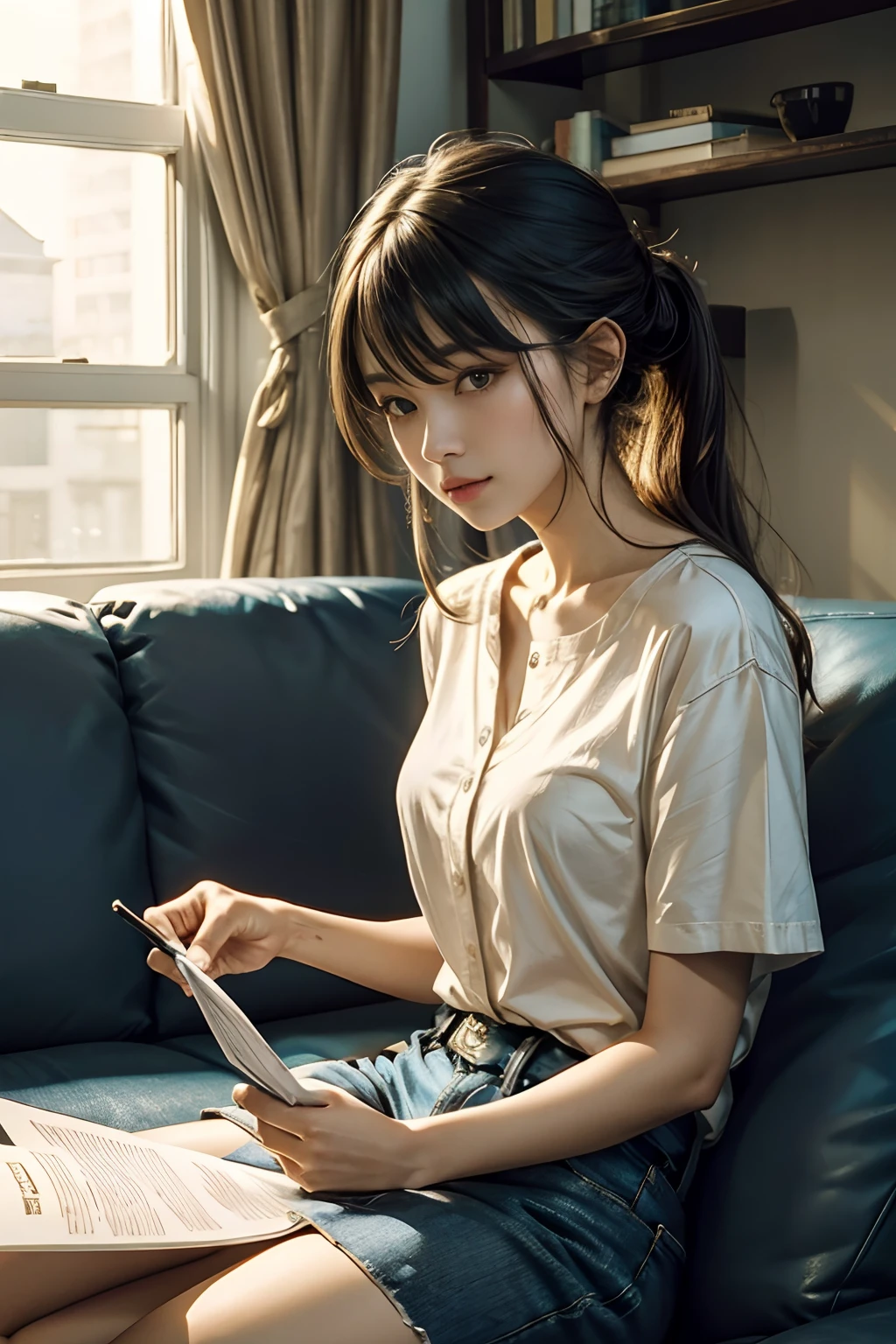 a woman sitting on sofa、Holding a piece of paper in his right hand,、Show it to your audience、Hold out the paper so that the other person can see it.