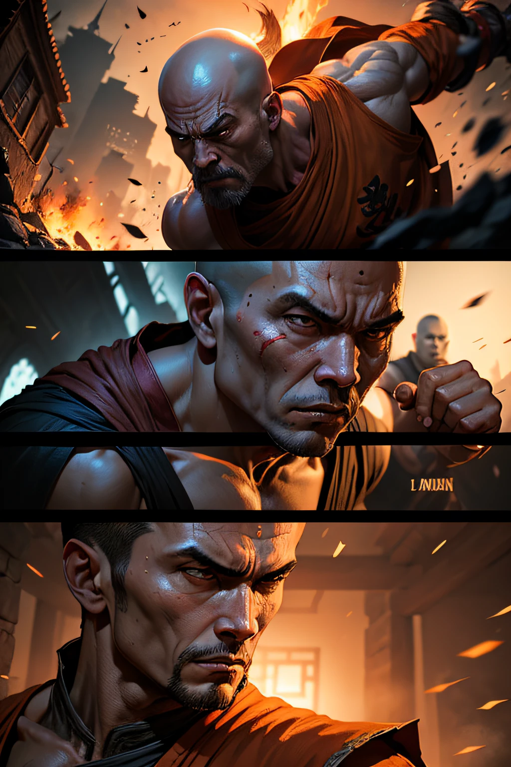 (1 page of a comic book with many plots), (Monk ShaoLin), Shaolin clothing, A belligerent face, Looks harsh, The monk walks through the dark corridors of the dungeon, (Looks attentive:5,0), In the dark corridors, the silhouettes of red monks can be seen, The Red Monks Are Approaching, eye shadow, Dark corners, comic style, Multiple images in one frame, Action storyboard, Best Quality, Highest Resolution, Extreme detailing, maximum definition