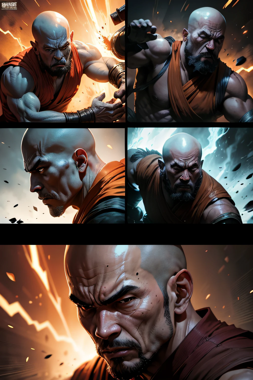 (1 page of a comic book with many plots), (Monk ShaoLin), Shaolin clothing, A belligerent face, Looks harsh, The monk walks through the dark corridors of the dungeon, (Looks attentive:5,0), In the dark corridors, the silhouettes of red monks can be seen, The Red Monks Are Approaching, eye shadow, Dark corners, comic style, Multiple images in one frame, Action storyboard, Best Quality, Highest Resolution, Extreme detailing, maximum definition