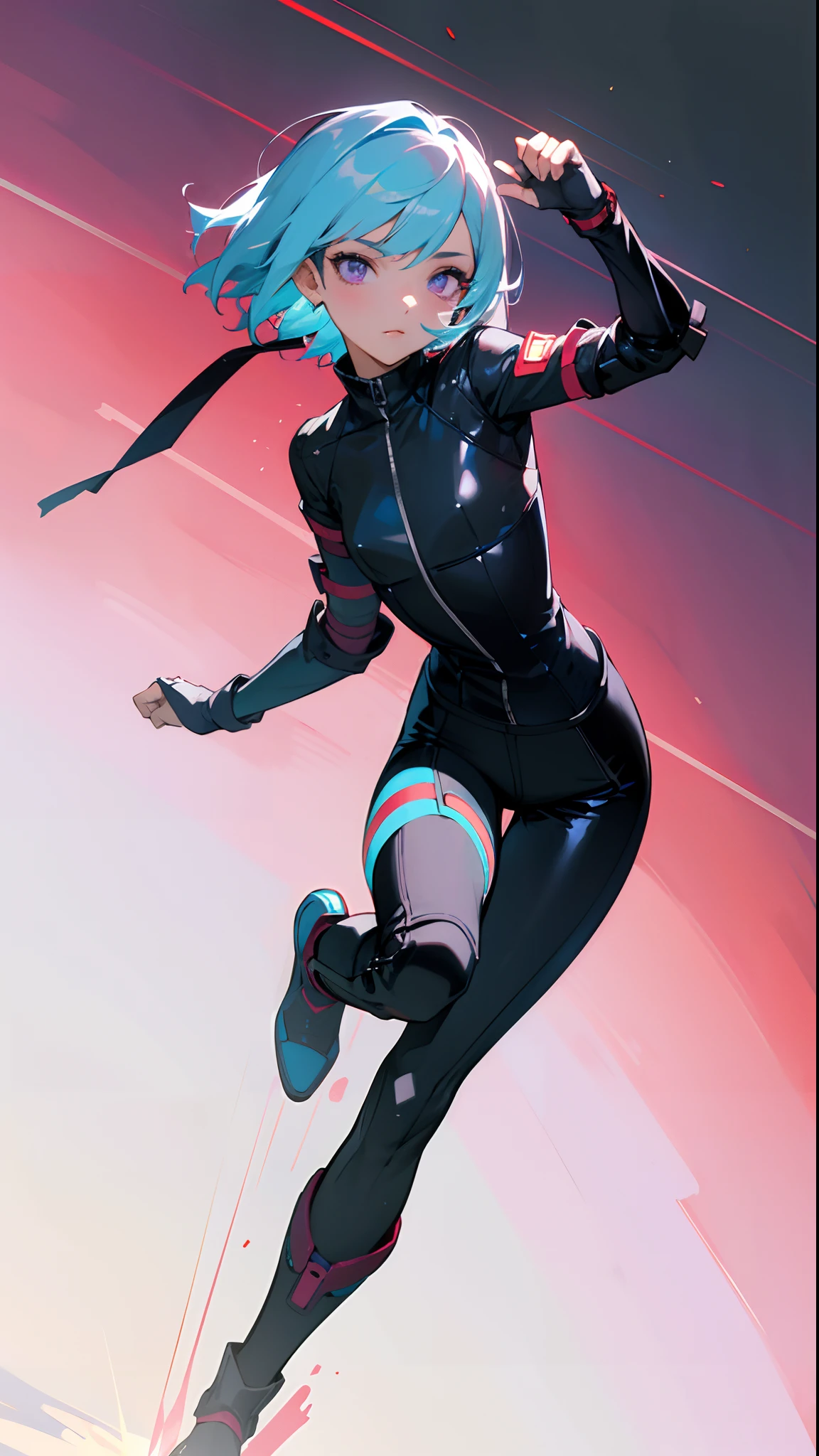 (masterpiece, best quality:1.3),beautiful detailed glow,best illuminate,(((best quality,textile shading,ultra detailed))),extremely detailed CG unity 8k wallpaper,Highly Detailed beautiful and aesthetic,best light,high resolution,detailed,dynamic lighting , 1Character ,  pastel washed out colors , cell shade , soft, muted shades ,gentle colors,


She wears a form-fitting, black leather jacket with sleek racing stripes in vibrant crimson and electric blue, The jacket features padding and armor, adjustable straps, black leather pants with stretch panels, pants have knee sliders for protection and practicality while racing, knee-high, black leather racing boots with reinforced shin and ankle guards, boots feature crimson accents and rubberized soles, leather racing gloves with knuckle armor, 

Beautiful woman , skinny build , short bob hair style , light blue hair , purple eyes , light skin,small chest , short  , age 30