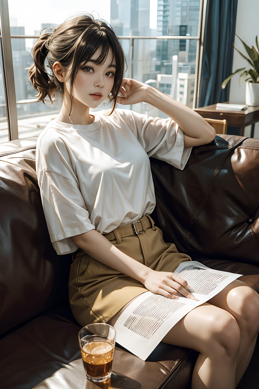 a woman sitting on sofa、Holding a piece of paper in his right hand,、Show it to your audience、Hold out the paper so that the other person can see it.