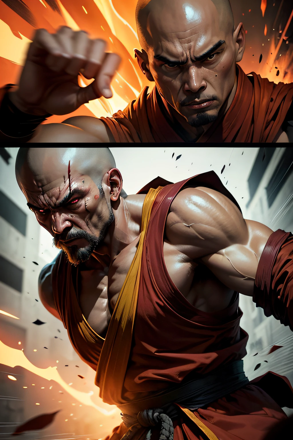 (1 page of a comic book with many plots), (Monk ShaoLin), Shaolin clothing, A belligerent face, Looks harsh, Red Fire Monks Attacked Shaolin Monk, A Shaolin monk fights the red monks, (Looks furious:5,0), In the Dark Corridors, Many Red Monks, Dark corners, comic style, Multiple images in one frame, Action storyboard, Best Quality, Highest Resolution, Extreme detailing, maximum definition