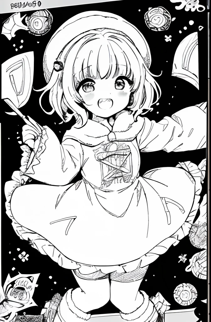 sketch,((((coloring book,monochrome,lineart,white onry)))),high contrast;alittle witch girl putted on winter magical hat,(having twin tail),and wearing winter dress robe;((masterpiece)),((high quality)),((high detailed)),((8k wallpaper)); embarrassed;from above,full body,dynamic angle,posing;round (dropped) eyes;wind,snow particles;((1girl)),((chibi)),((short hair)),twin tail,winter dress robe,magical hat,hair pin,ribbon,twin tail,socks,boots;open mouth,(light smile),(frill);((girl's comic)),((icon)),inkspace,(((adobe illustration))),thick outline,600dpi,pixelart