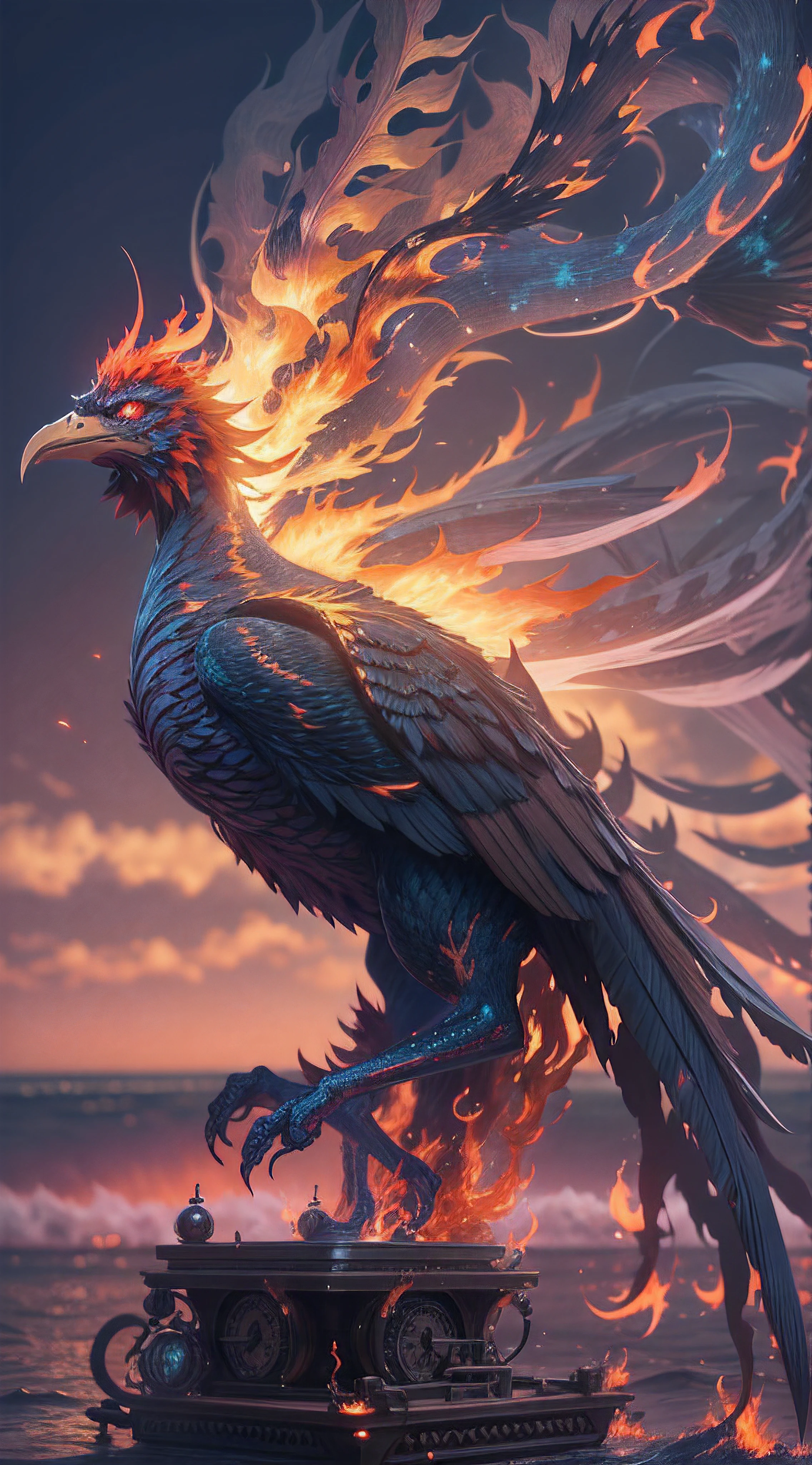 a steampunk horny Fire Phoenix, giant, ultraviolet gas streams escape from the body, ocean, intricate, hyper detailed, ultra realistic, sharp focus, octane render,