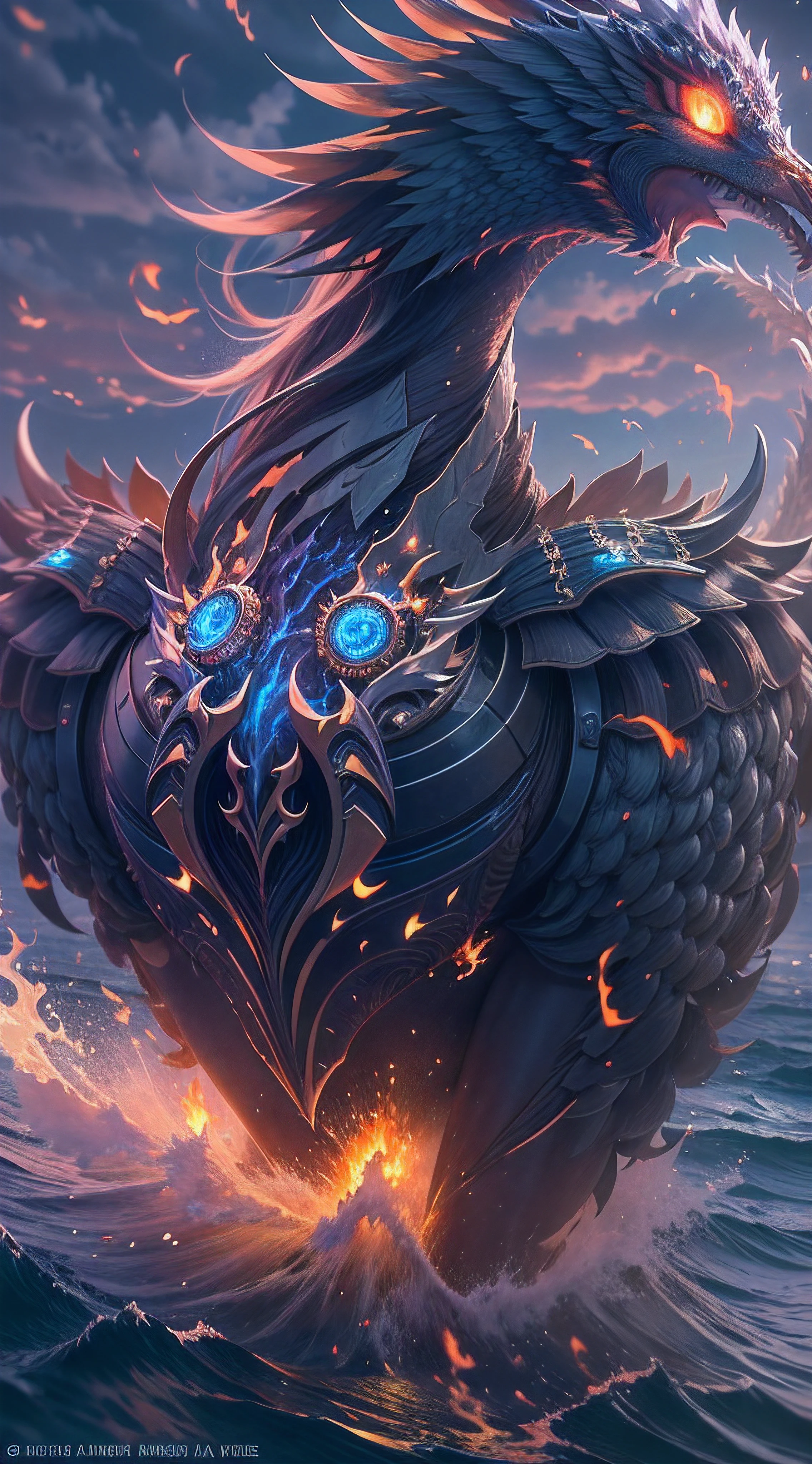 a steampunk horny Fire Phoenix, giant, ultraviolet gas streams escape from the body, ocean, intricate, hyper detailed, ultra realistic, sharp focus, octane render,