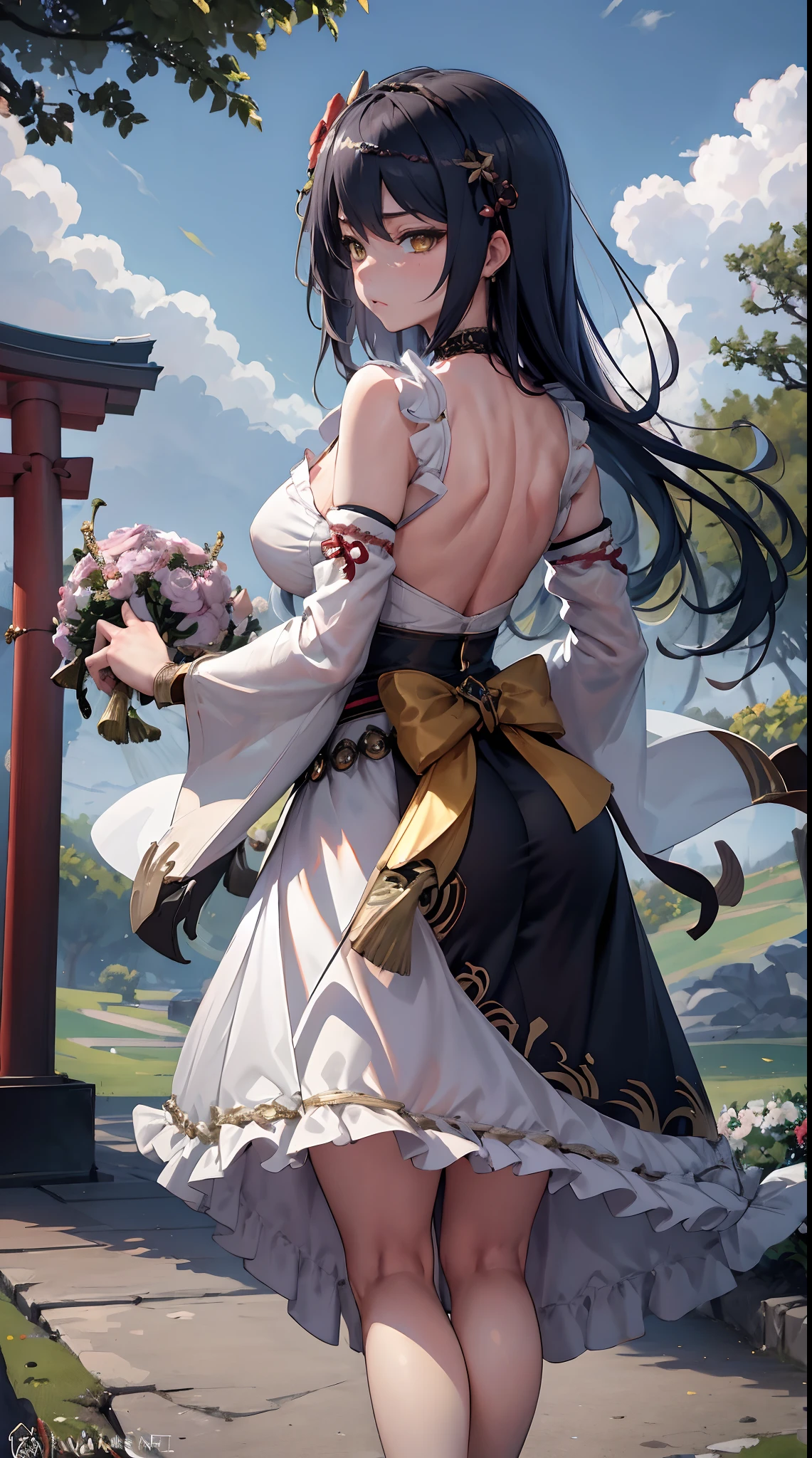Kujou Sara| genshin impact, master-piece, bestquality, 1girls,25 years old, proportional body, proportional., thick wedding dress skirt, White Wedding Dress, Long skirt, Big skirt, mediuml breasts, ,bara, choker, Standing in the middle of a flower garden, outdoor, The sky is beautiful, In Japanese shrines, arm behind back, View viewers from the front, Thigh strap, Head tilt, bored, HD,