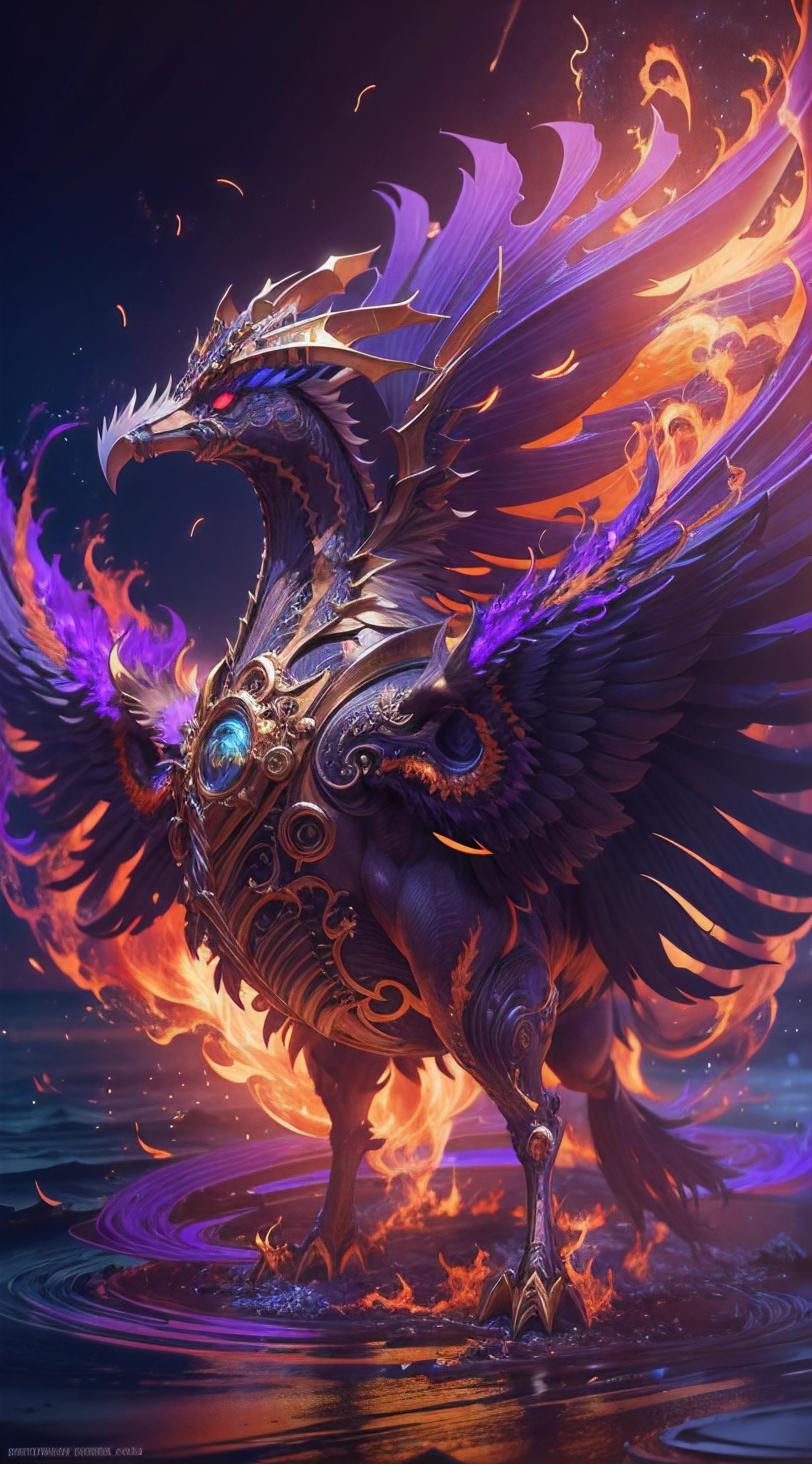 a steampunk horny Fire Phoenix, giant, ultraviolet gas streams escape from the body, ocean, intricate, hyper detailed, ultra realistic, sharp focus, octane render,
