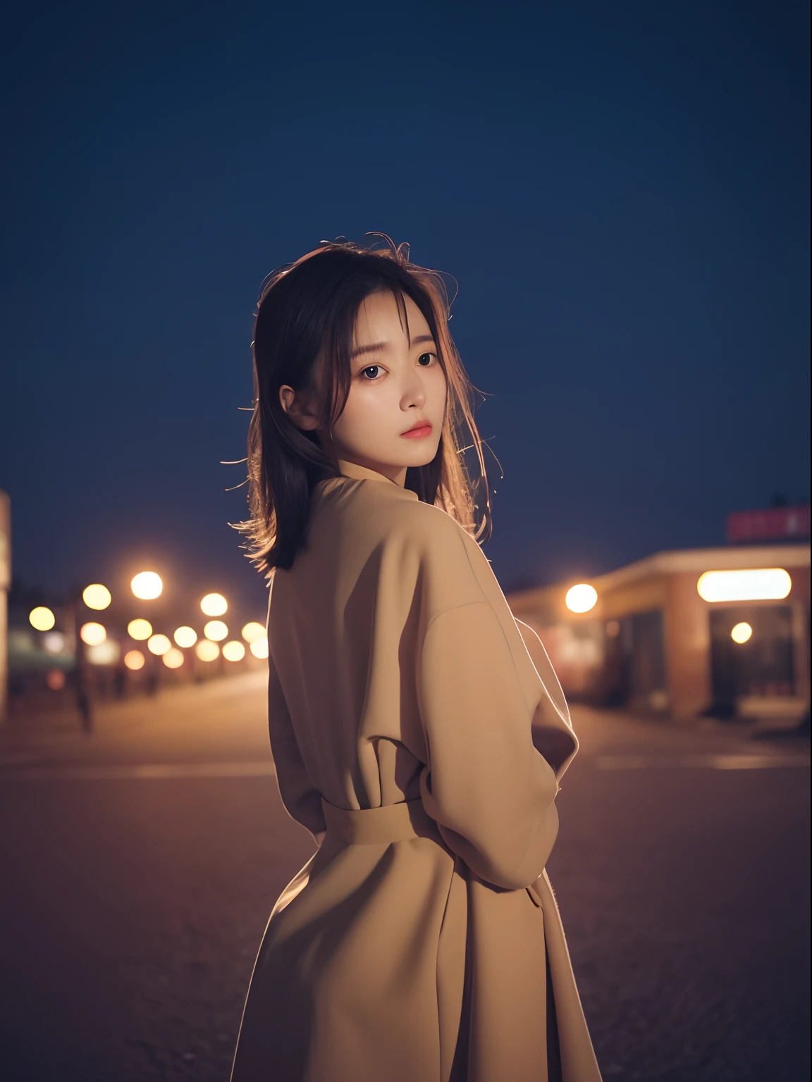 Photo of a Beautiful Korean kpop idol Woman,  simple nostalgic, Autumn evening lights, professional iphone photo，Station background，A reluctant expression，A gentle breeze blows