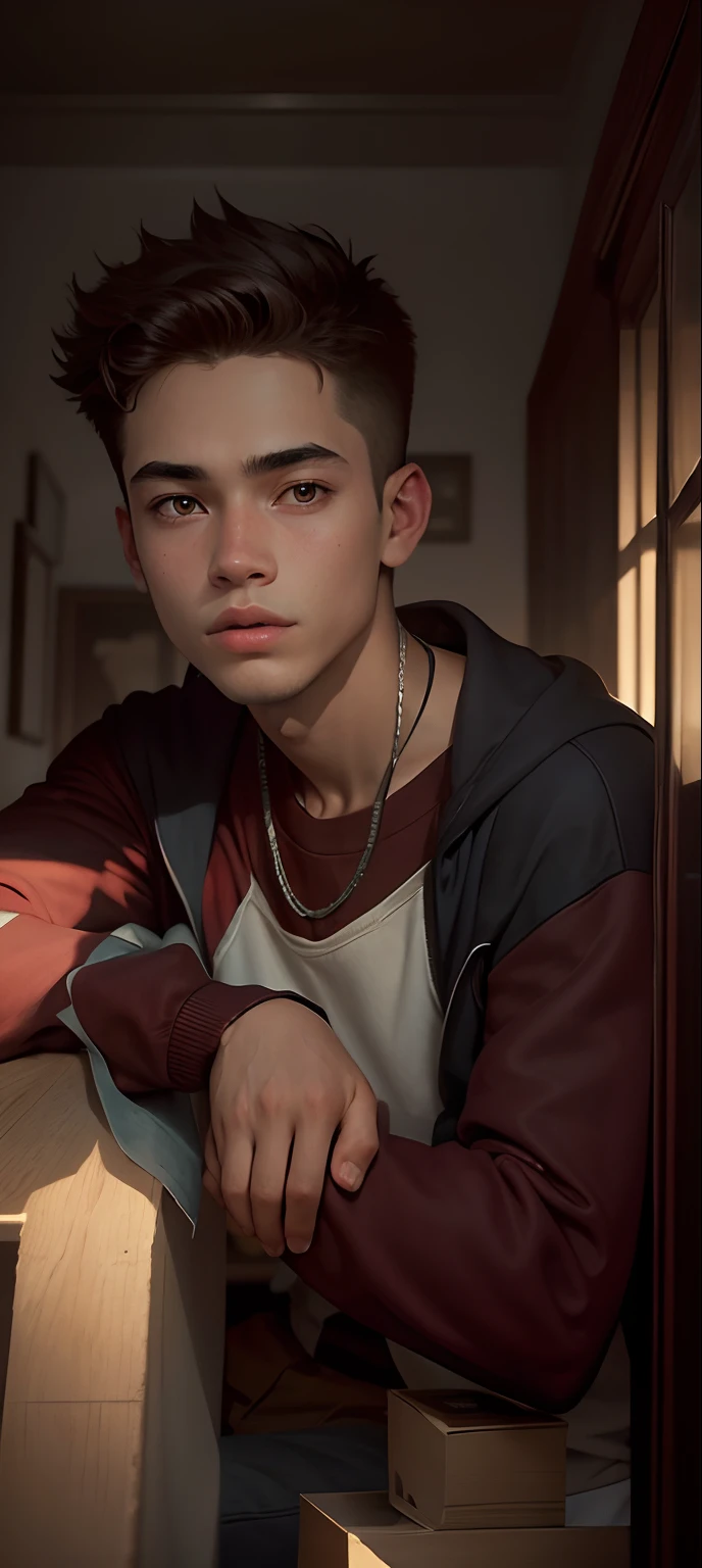 Masterpiece, detailed picture, 18-year-old guy, upper-body, Wearing a sweatshirt, empty background.